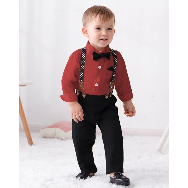Disaur Boys Wedding Guest Outfit Short Sleeve White Flower Dress Shirt Bow Tie Suspender White Plaid Pants Back To School Gentleman Clothing 5T 5-6 Years