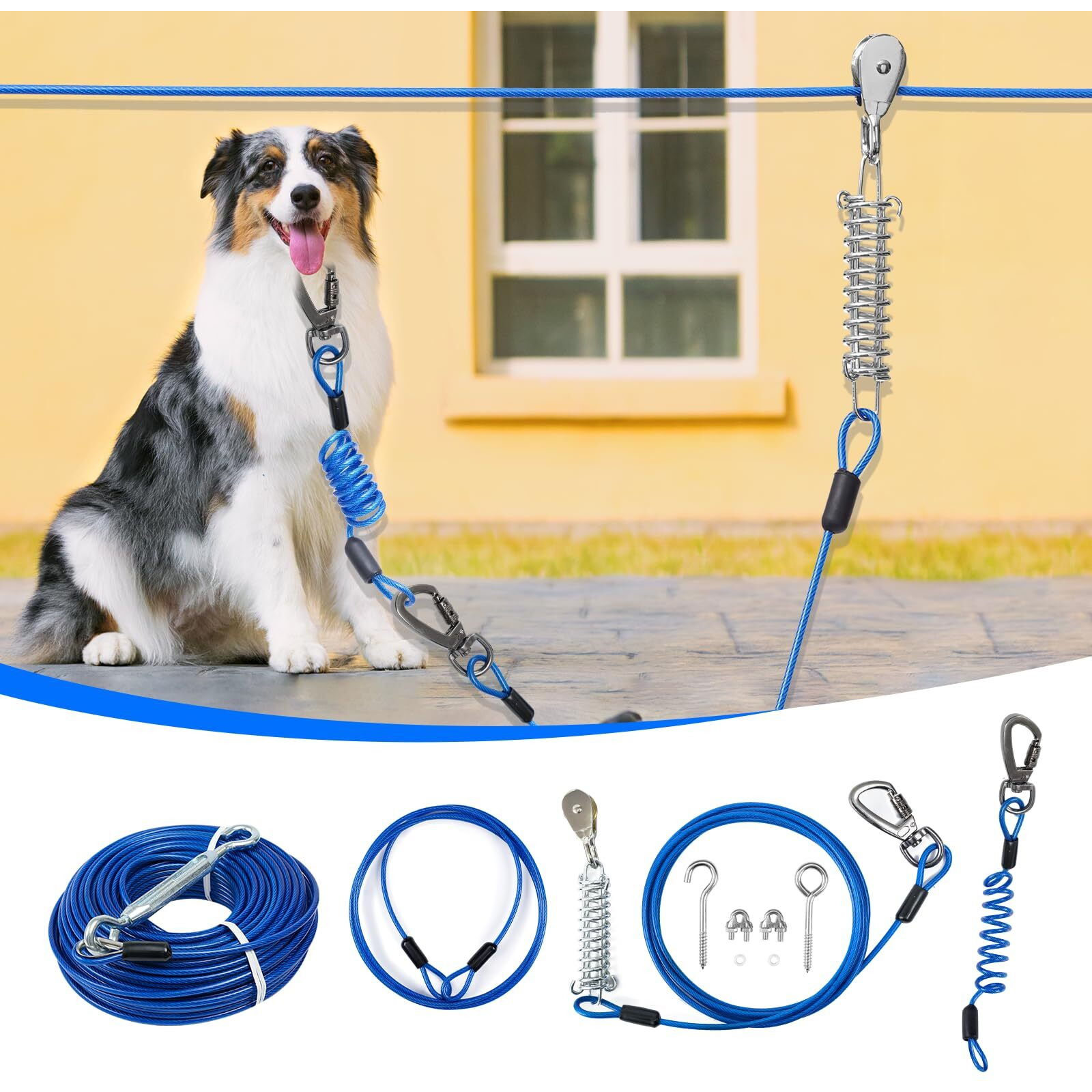 Dog Runner For Yard Double Shock Absorption Dog Trolley System For Large Dogs Heavy Duty 100Ft Dog Tie Out Run Cable With 10Ft Dog Leads For Dogs Up To 250Lbs Aerial Dog Zipline For Outside Camping