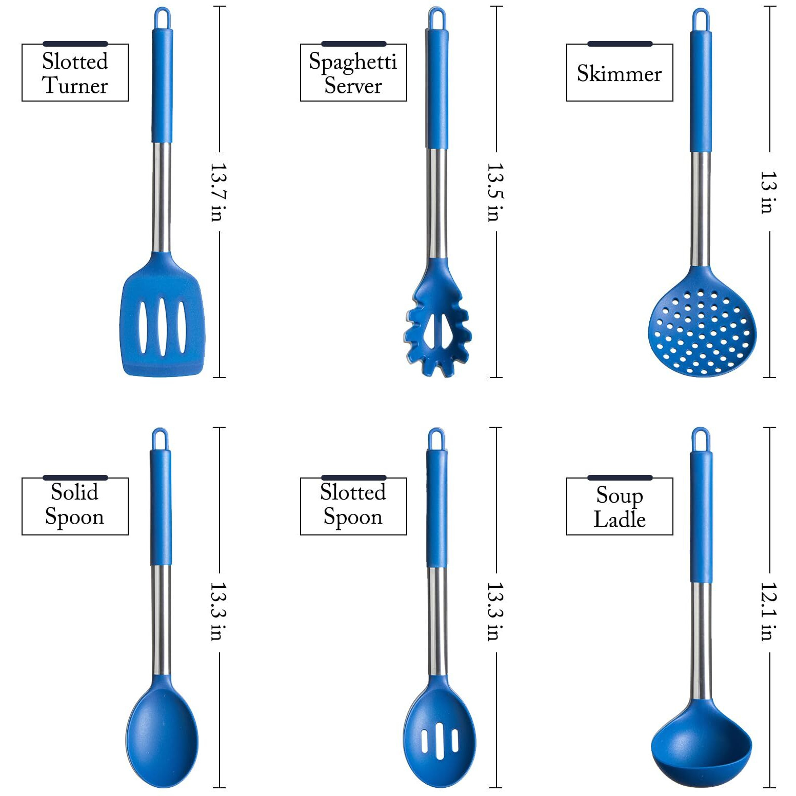 Silicone Kitchen Utensils Set - Culinary Couture 6-Pieces Blue Silicone Cooking Utensils Set For Nonstick Cookware - Stainless Steel Handle