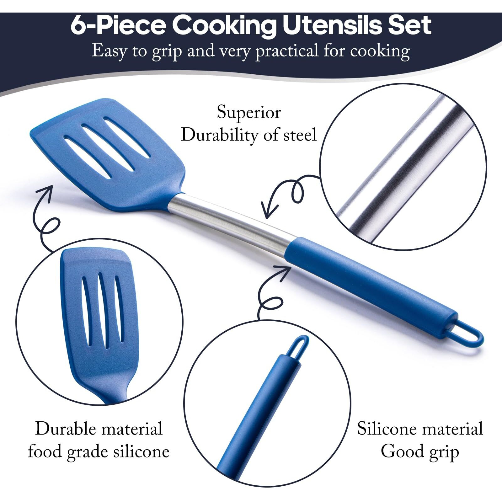 Silicone Kitchen Utensils Set - Culinary Couture 6-Pieces Blue Silicone Cooking Utensils Set For Nonstick Cookware - Stainless Steel Handle