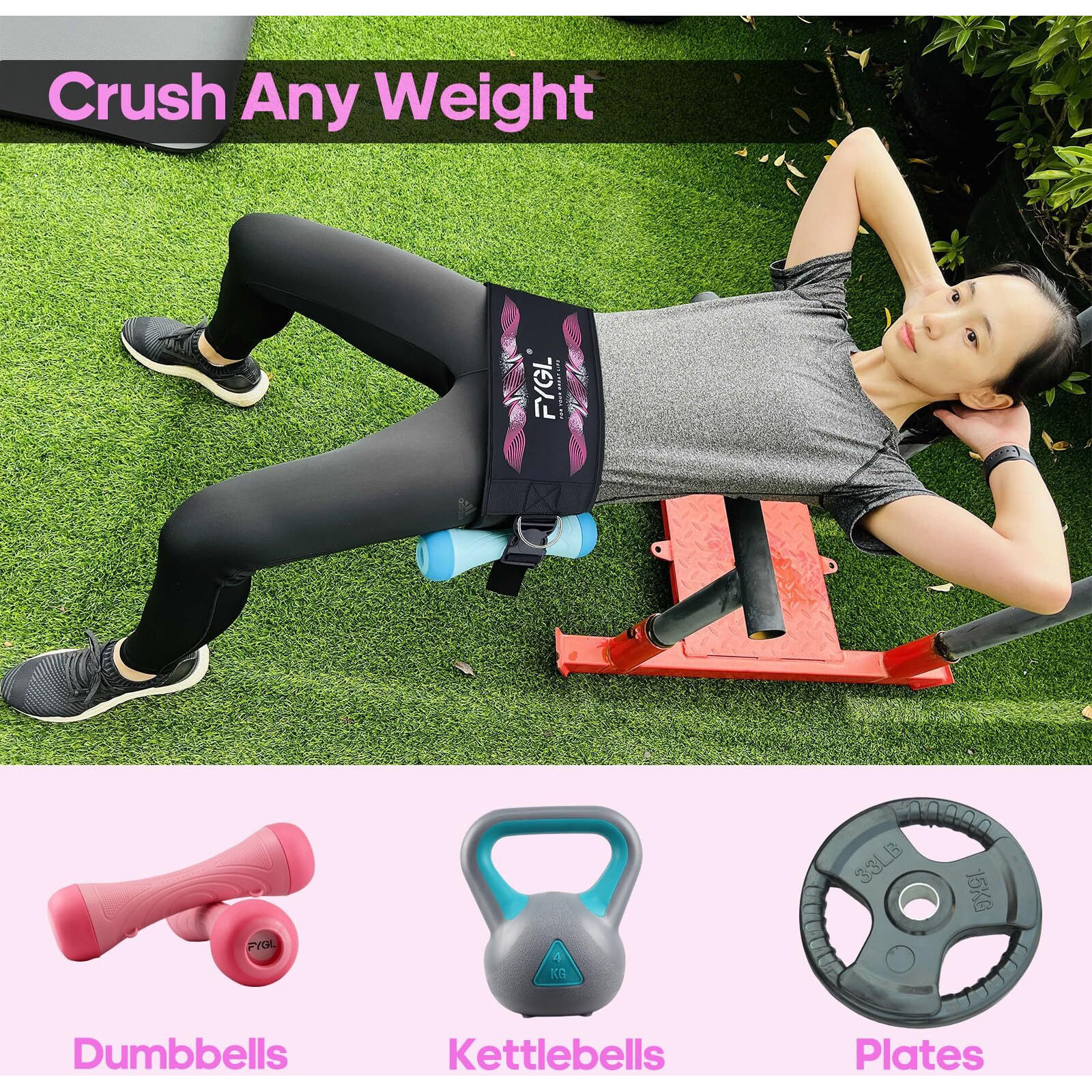 Fygl Hip-Thrust-Belt  Compatible With Dumbbells  Kettlebells  Plates & Machines  Foldable For Home And Gym As Dip & Pull-Up Belt  Versatile Fitness Equipment  Pink