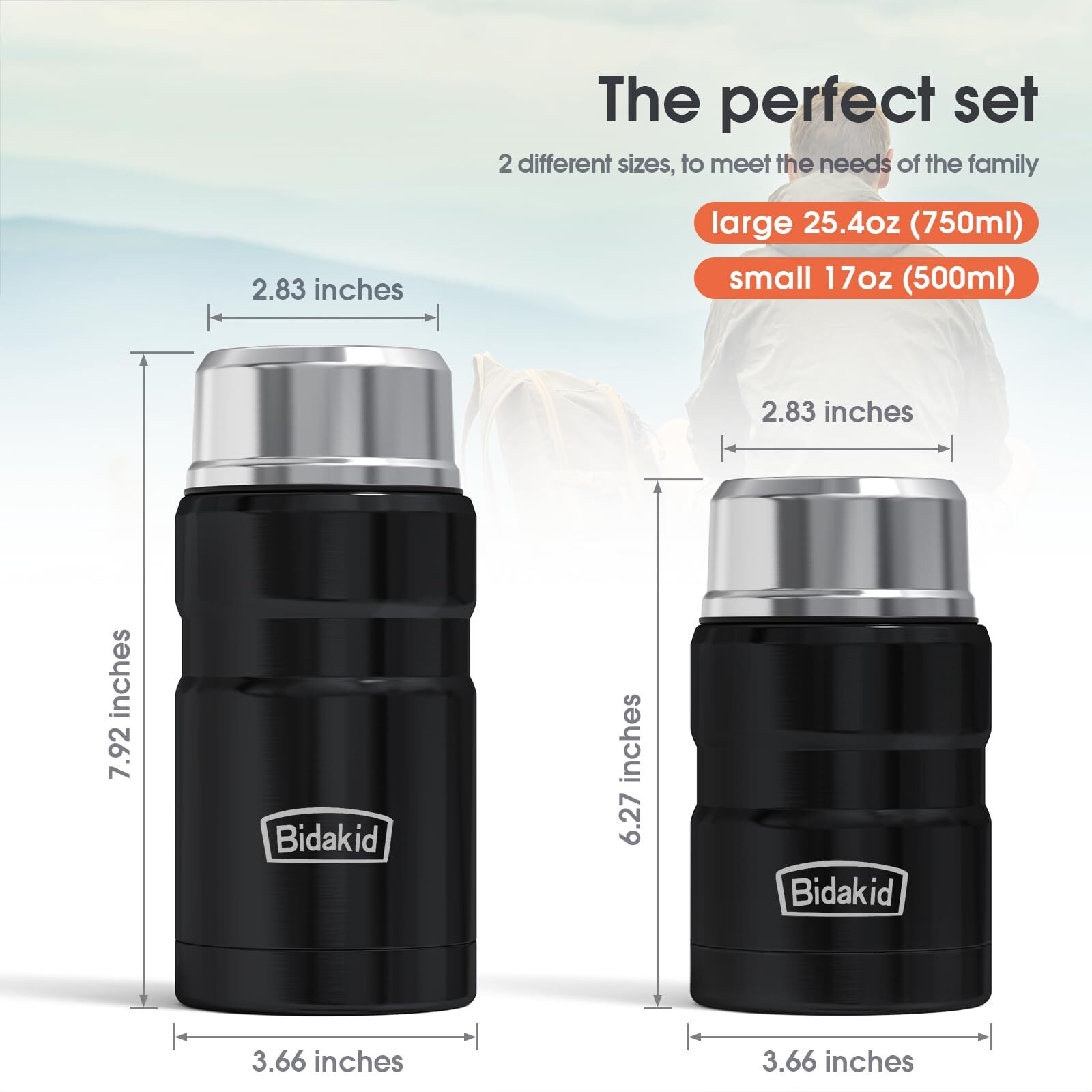 Bidakid Insulated Food Jar Set - 25.4Oz & 17Oz Stainless Steel Containers With Folding Spoon And Carrying Bags - Leak-Proof  Keeps Food Hot Or Cold For Up To 12 Hours - Ideal For Work  School  Travel