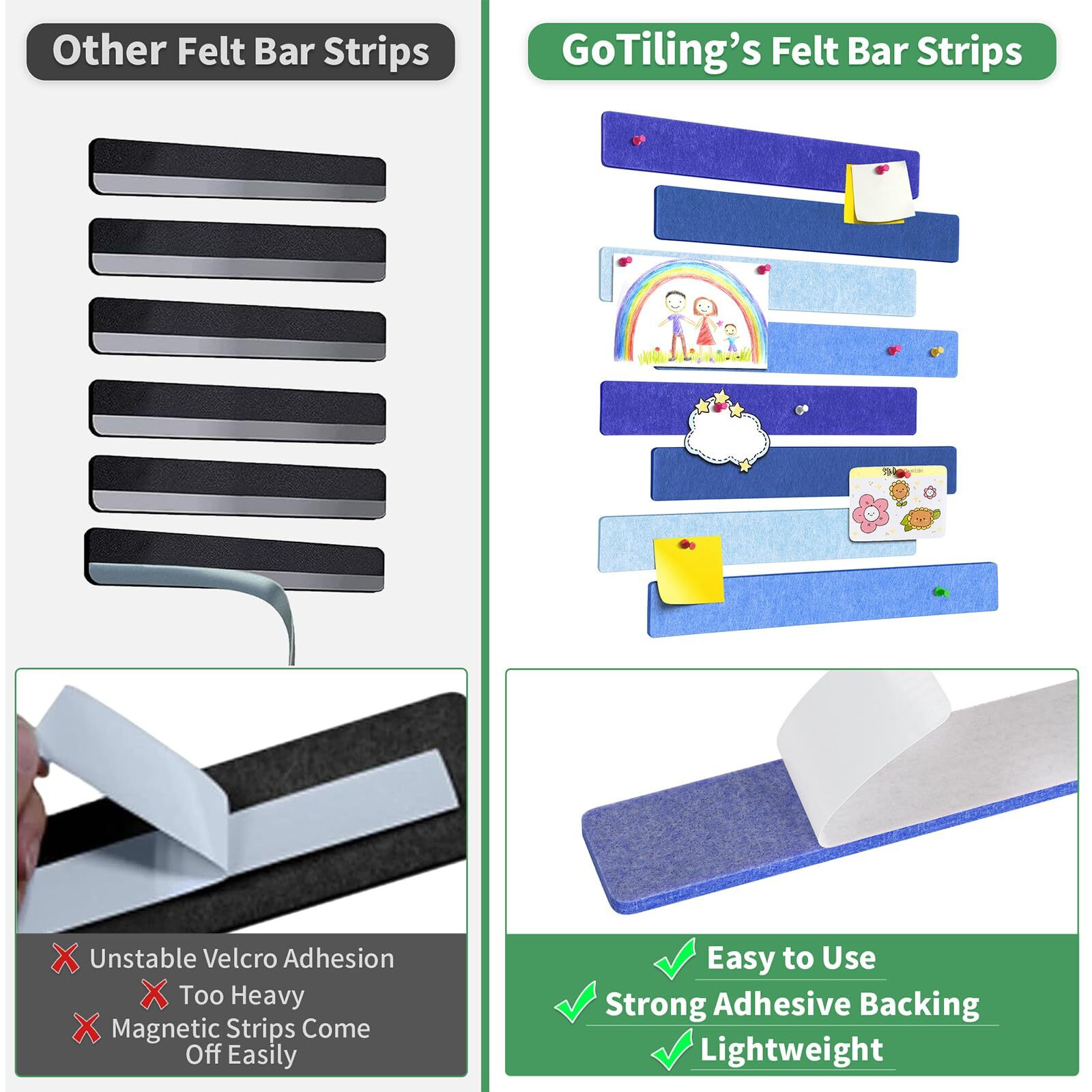 Gotiling Cork Board For Walls - 8 Pack Felt Pin Board Bar Strips - Self-Adhesive Lightweight Bulletin Board - Cork Board For Office With 40 Push Pins No Damage For Wall