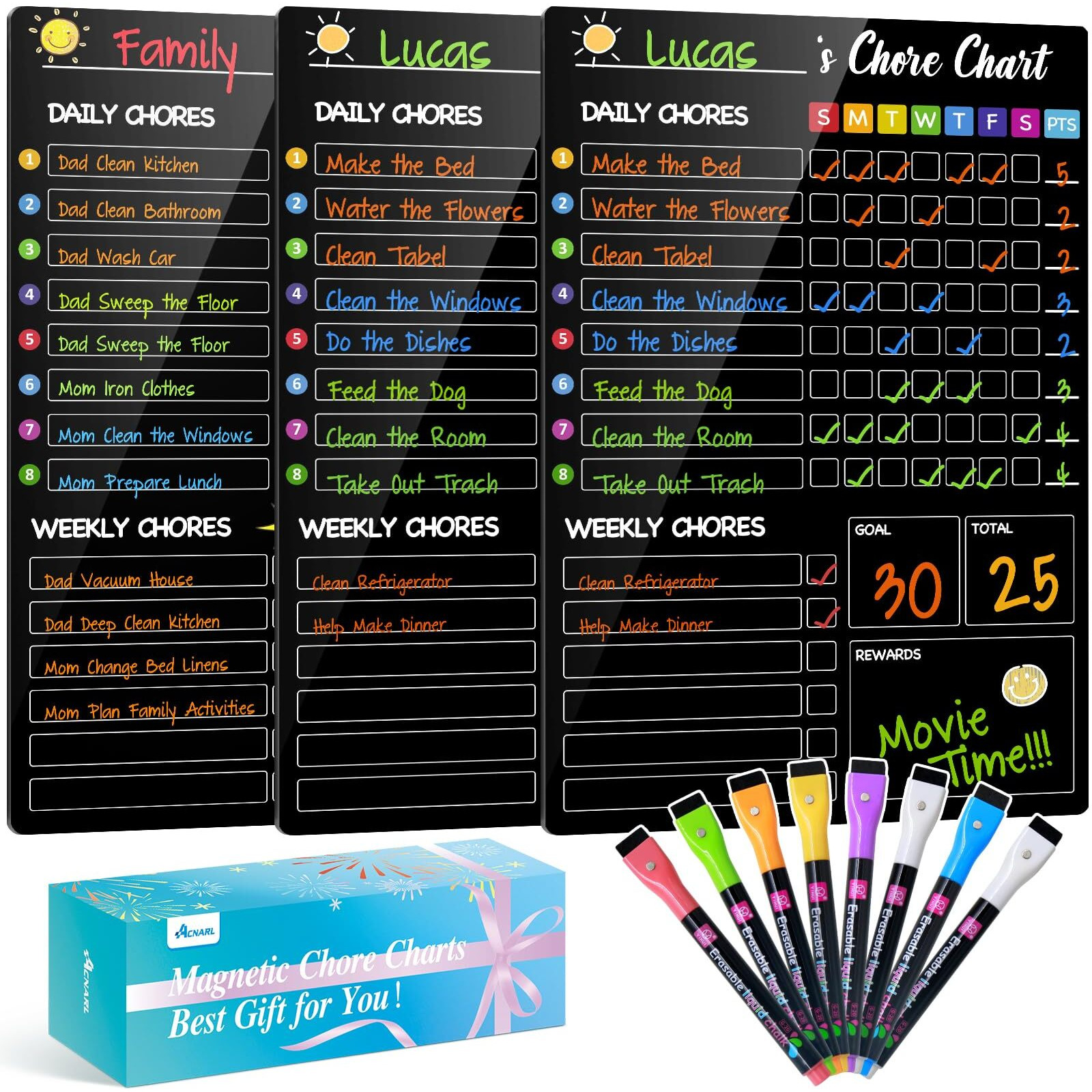 Magnetic Chore Chart For Kids With 8 Markers 3 Pack 8"&quotX12"" Chore Chart For Kids Multiple Kids  Behavior Chart For Kids At Home  Responsibility Chart For Kids/Teens/Adults  Black Chore Board