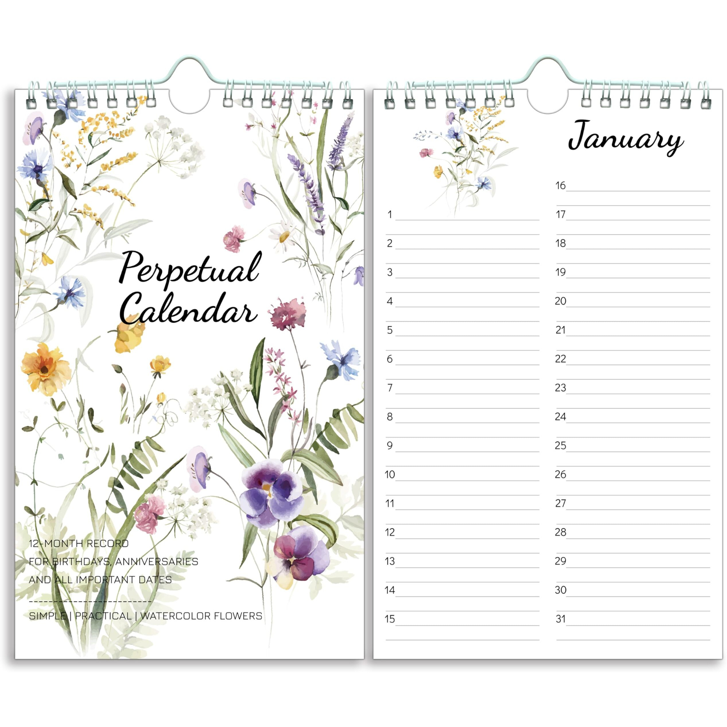 Perpetual Calendar - Undated Calendar 12-Month For Birthday  Anniversaries  Important Days  Festivals Reminder  6 ' ' X 10 ' ' With 2 Lines Per Days  Twin-Wire Binding  Thicker Paper  Minimalist Flowers