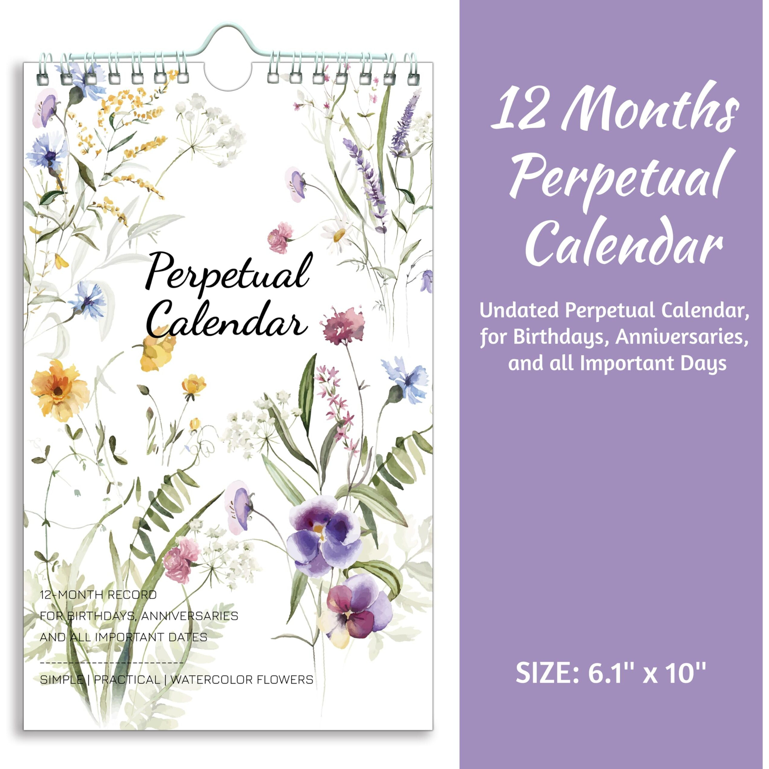 Perpetual Calendar - Undated Calendar 12-Month For Birthday  Anniversaries  Important Days  Festivals Reminder  6 ' ' X 10 ' ' With 2 Lines Per Days  Twin-Wire Binding  Thicker Paper  Minimalist Flowers