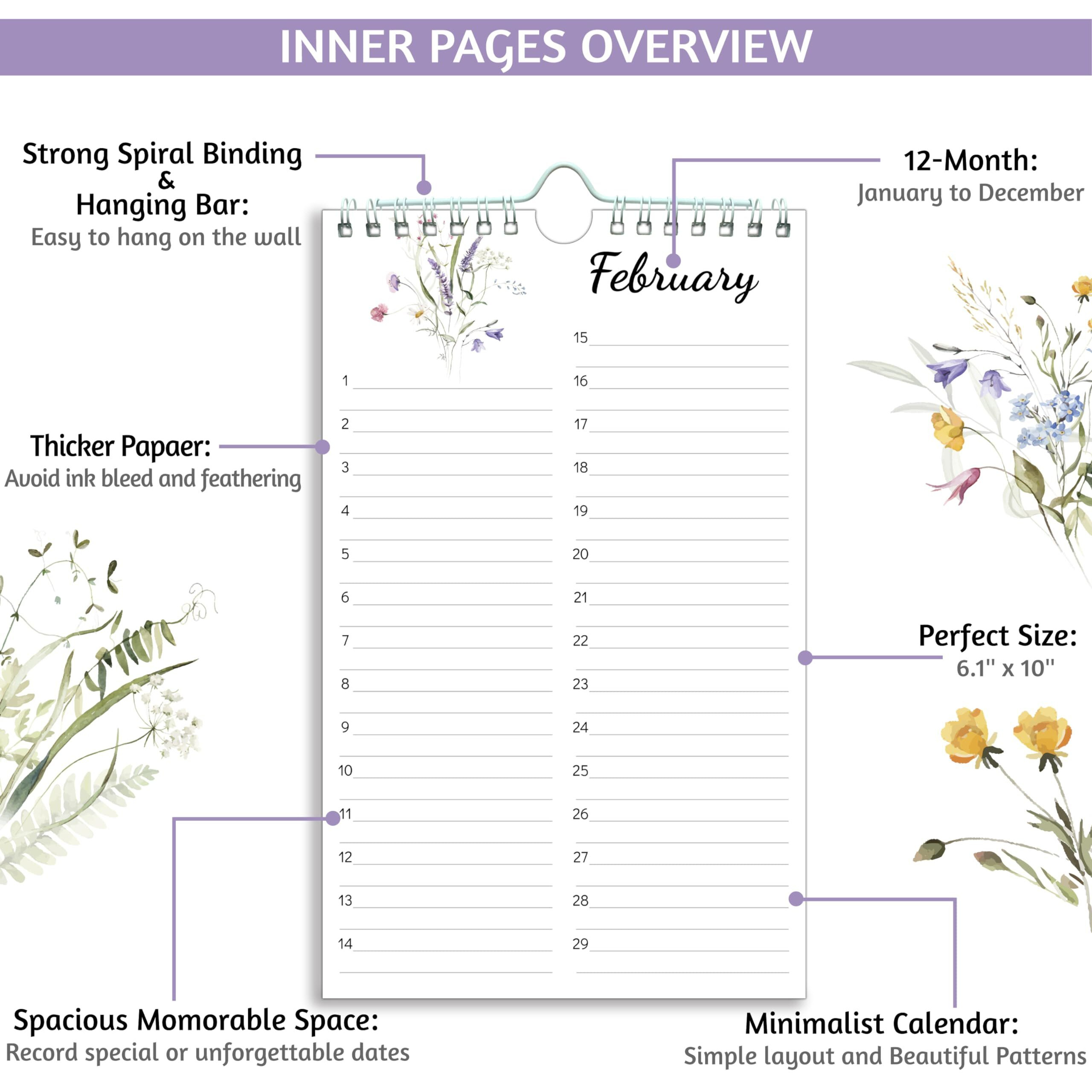 Perpetual Calendar - Undated Calendar 12-Month For Birthday  Anniversaries  Important Days  Festivals Reminder  6 ' ' X 10 ' ' With 2 Lines Per Days  Twin-Wire Binding  Thicker Paper  Minimalist Flowers