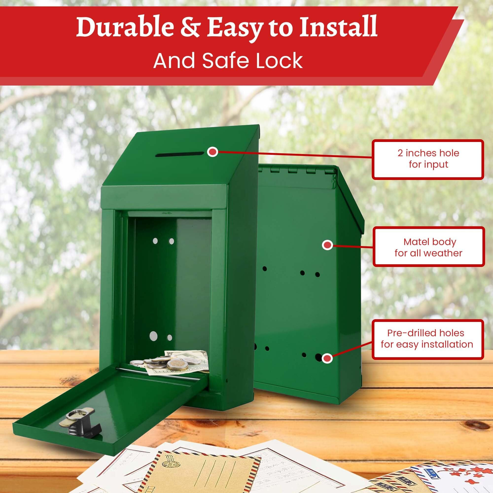 Metal Wall Mounting Or Countertop Charity Donation Collection Box Secure Suggestion And Ballot Box With Top Coin Slot  Lock Included With 2 Keys (Green)