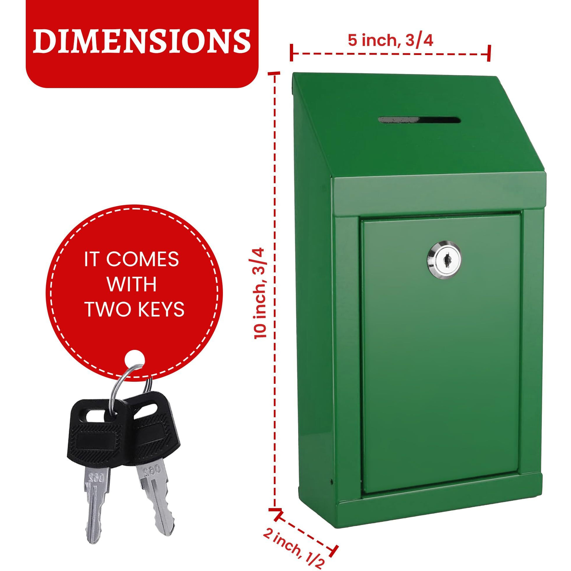Metal Wall Mounting Or Countertop Charity Donation Collection Box Secure Suggestion And Ballot Box With Top Coin Slot  Lock Included With 2 Keys (Green)