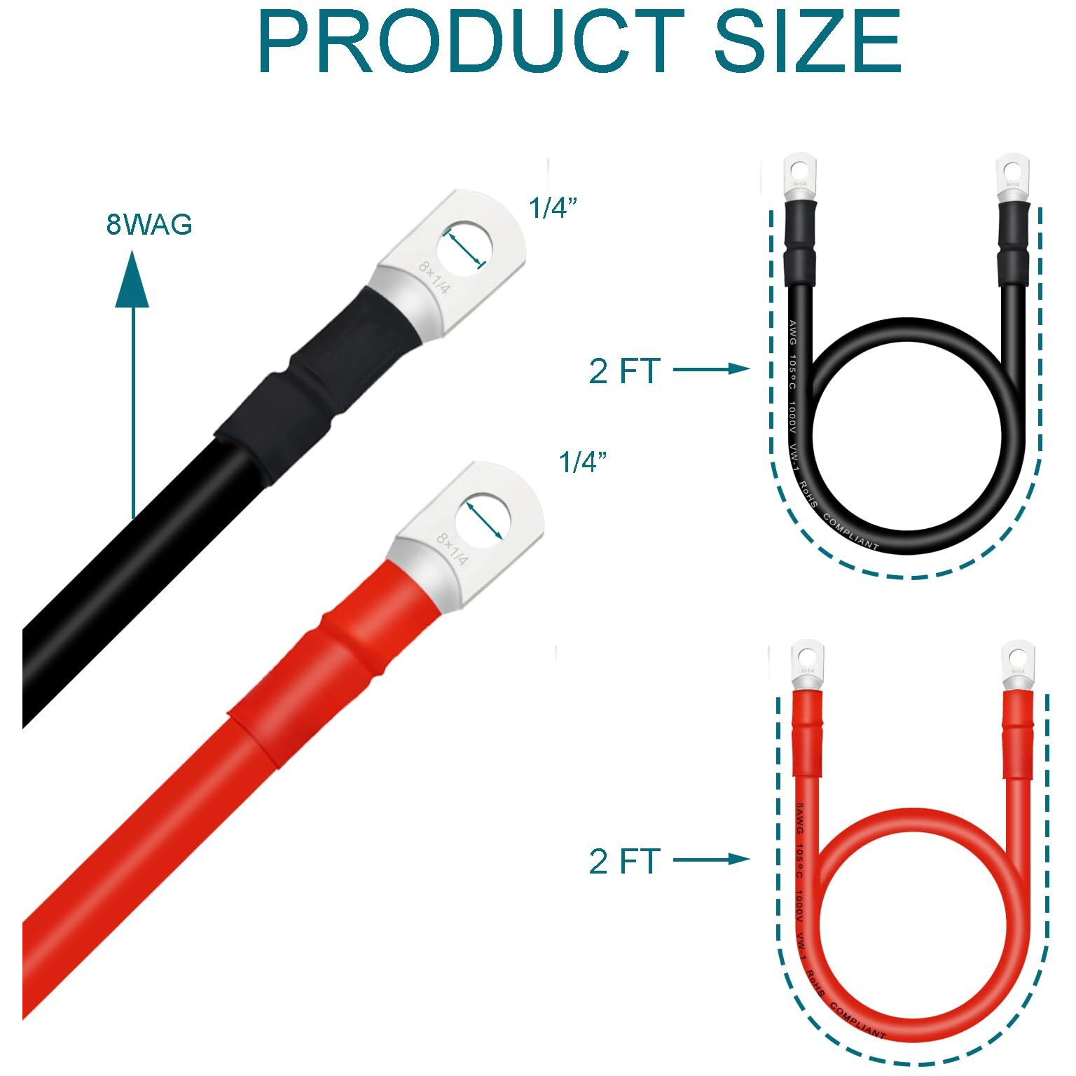 Qiatol Battery Cable  8 Awg Battery Cables With Terminals  2Pcs Copper Battery Cables.  Red & Black(2Pcs)