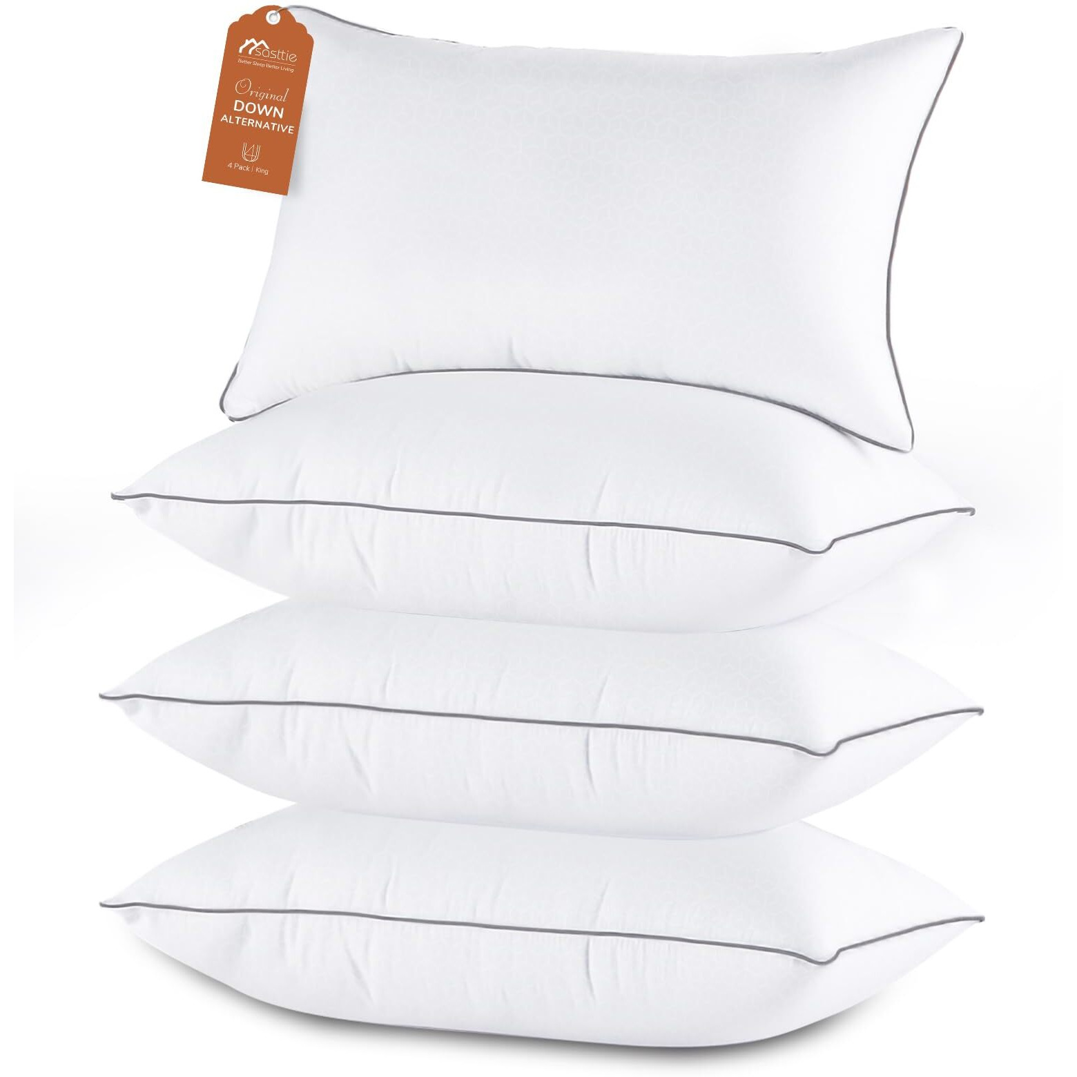 Sasttie King Size Pillows Set Of 4  Hotel Collection Bed Pillows For Side  Back  And Stomach Sleepers - Down Alternative Plump Filling - White  4 Pack  King  20X36 Inches