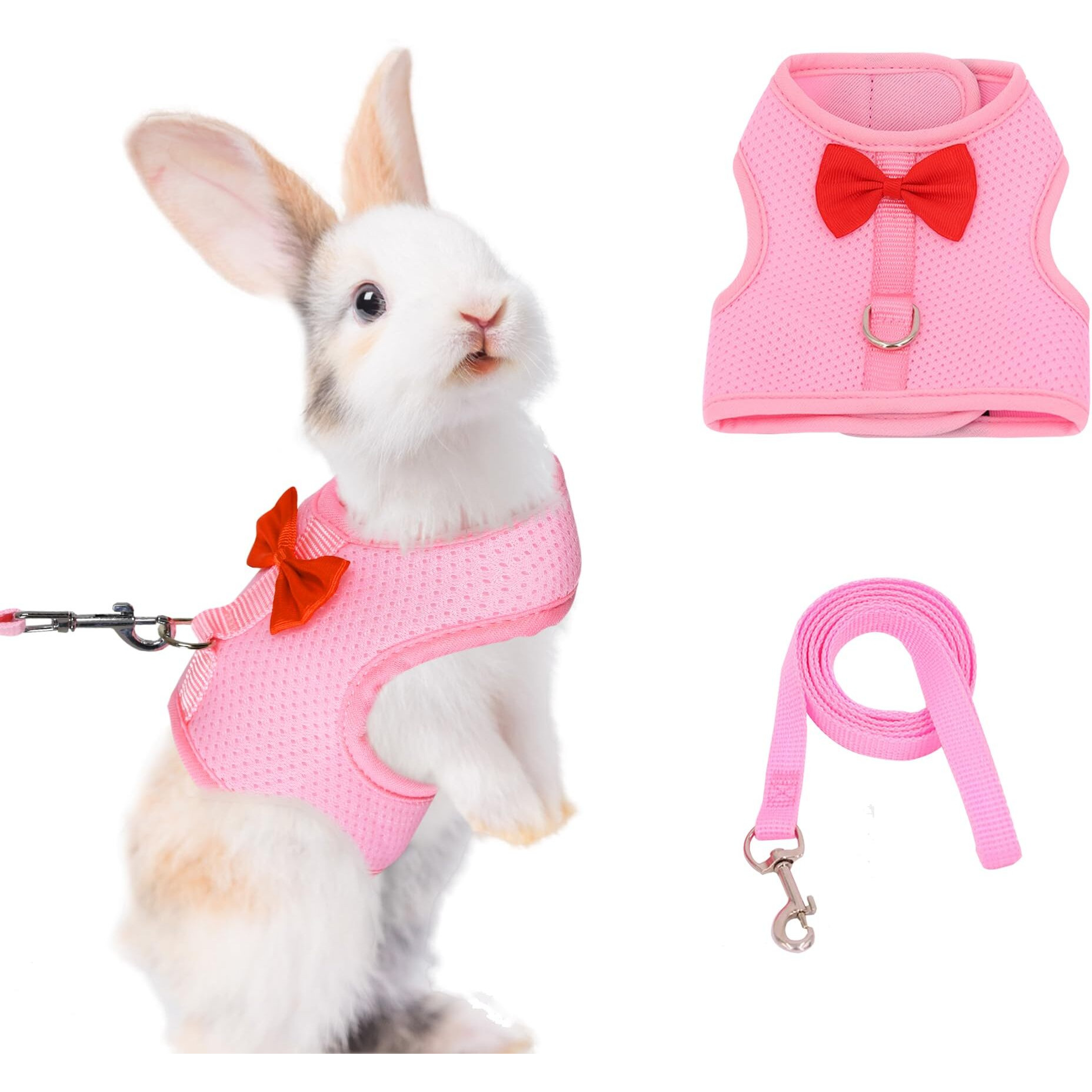 Aiitle Rabbit Harness And Leash Set With Cute Bow  Soft Breathable Mesh Vest Harness For Rabbits Kitten Ferret Puppy Small Pets Walking Supplies Pink S