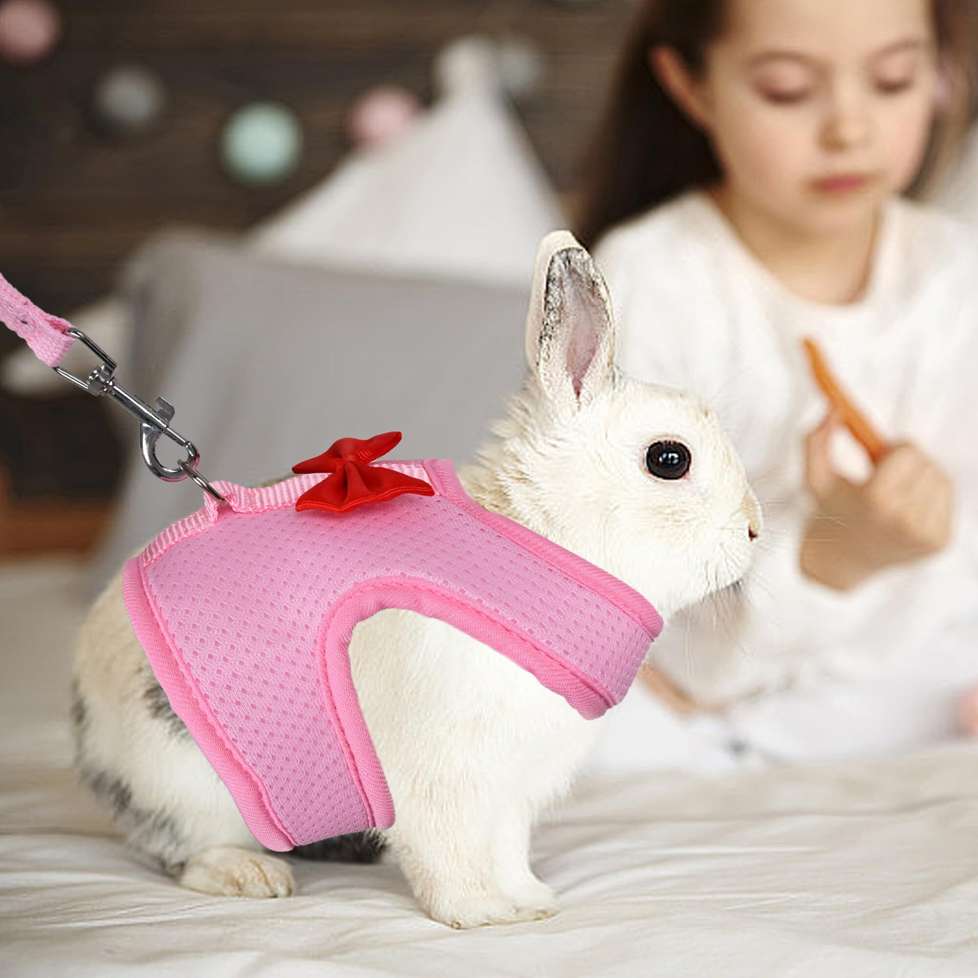Aiitle Rabbit Harness And Leash Set With Cute Bow  Soft Breathable Mesh Vest Harness For Rabbits Kitten Ferret Puppy Small Pets Walking Supplies Pink S