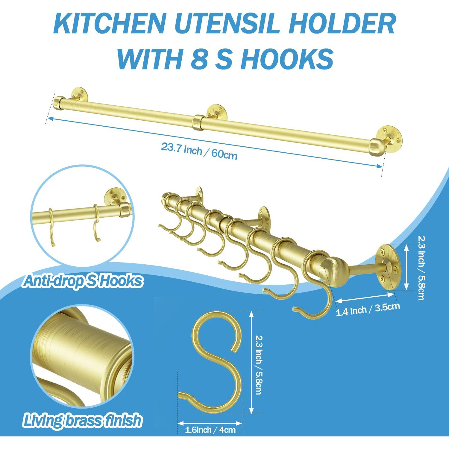 Rothley Stainless Steel Hanging Pot Rack Hanger 23.7 Inch Brass Pot And Pan Hanger Wall Mounted Hanging Pot Bar Rack Heavy Duty Pot Hangers Kitchen Rail With 8 S Hooks