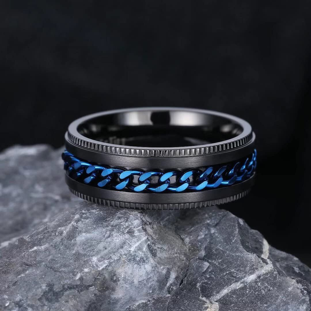 King Will Intertwine 8Mm Spinner Ring Black Blue Stainless Steel Fidget Ring Anxiety Ring For Men