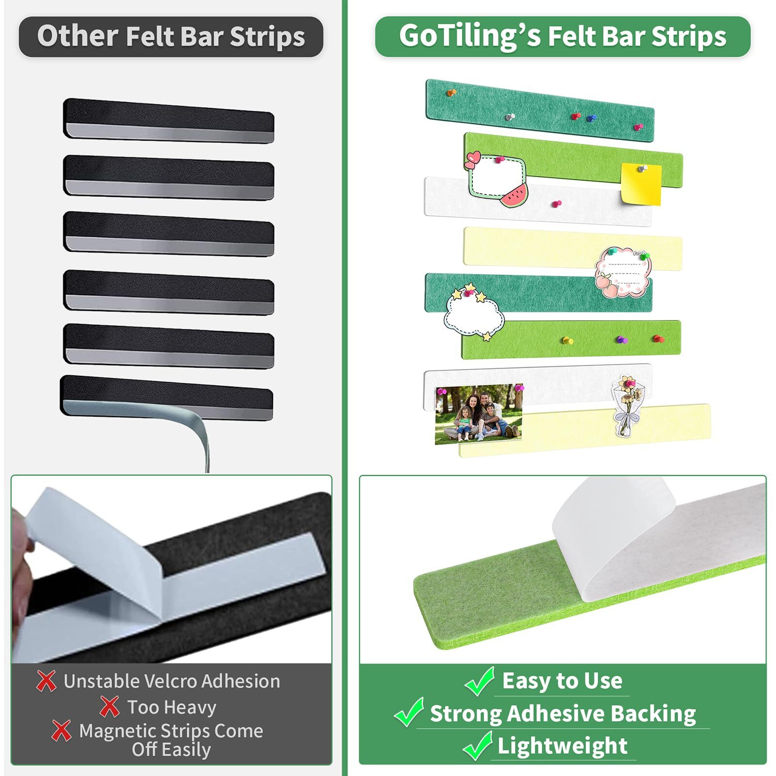 Gotiling Cork Board For Walls - 8 Pack Felt Pin Board Bar Strips - Self-Adhesive Lightweight Bulletin Board - Cork Board For Office With 40 Push Pins No Damage For Wall