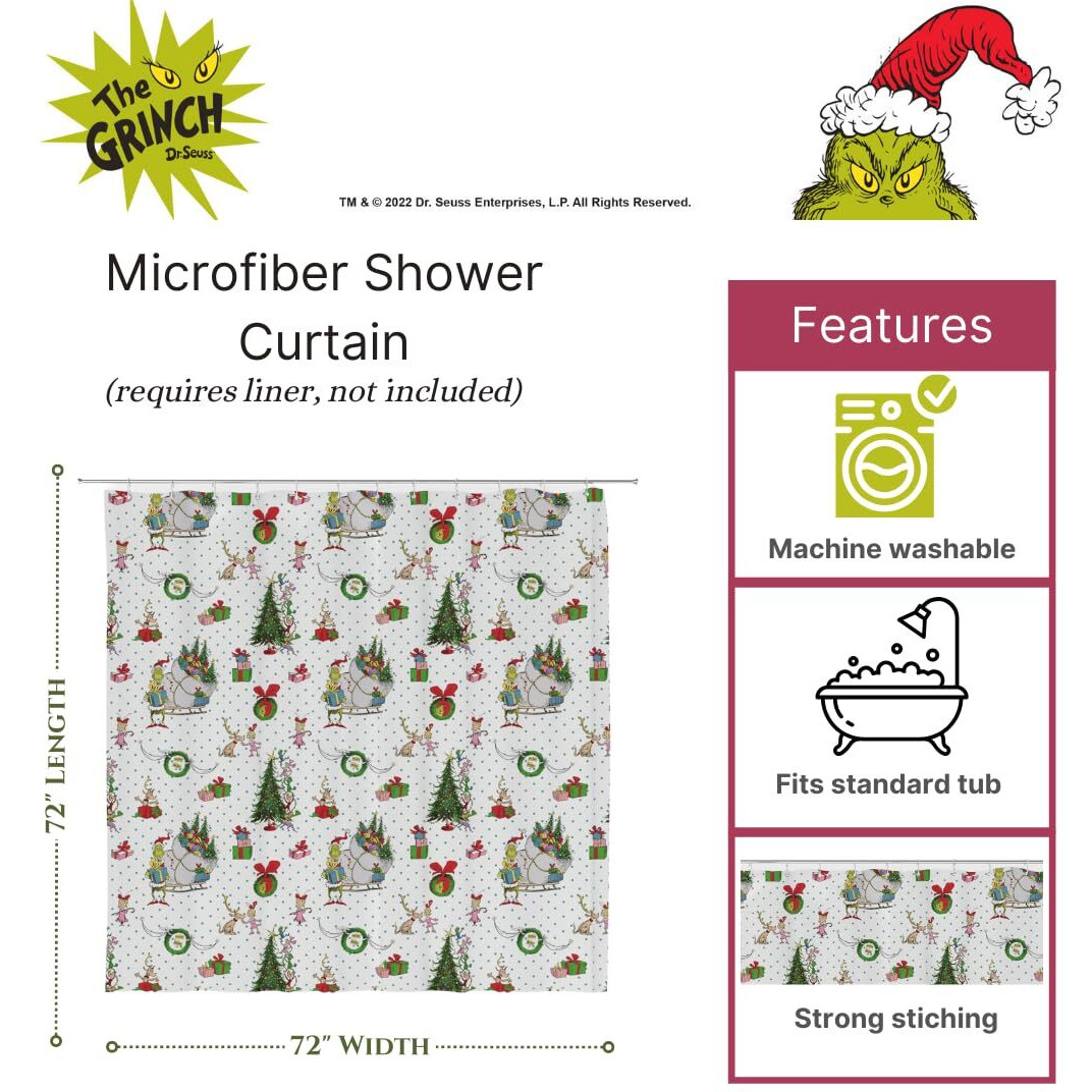 Franco Grinch Holiday Christmas Bath Microfiber Shower Curtain  72X72  (Officially Licensed Product)