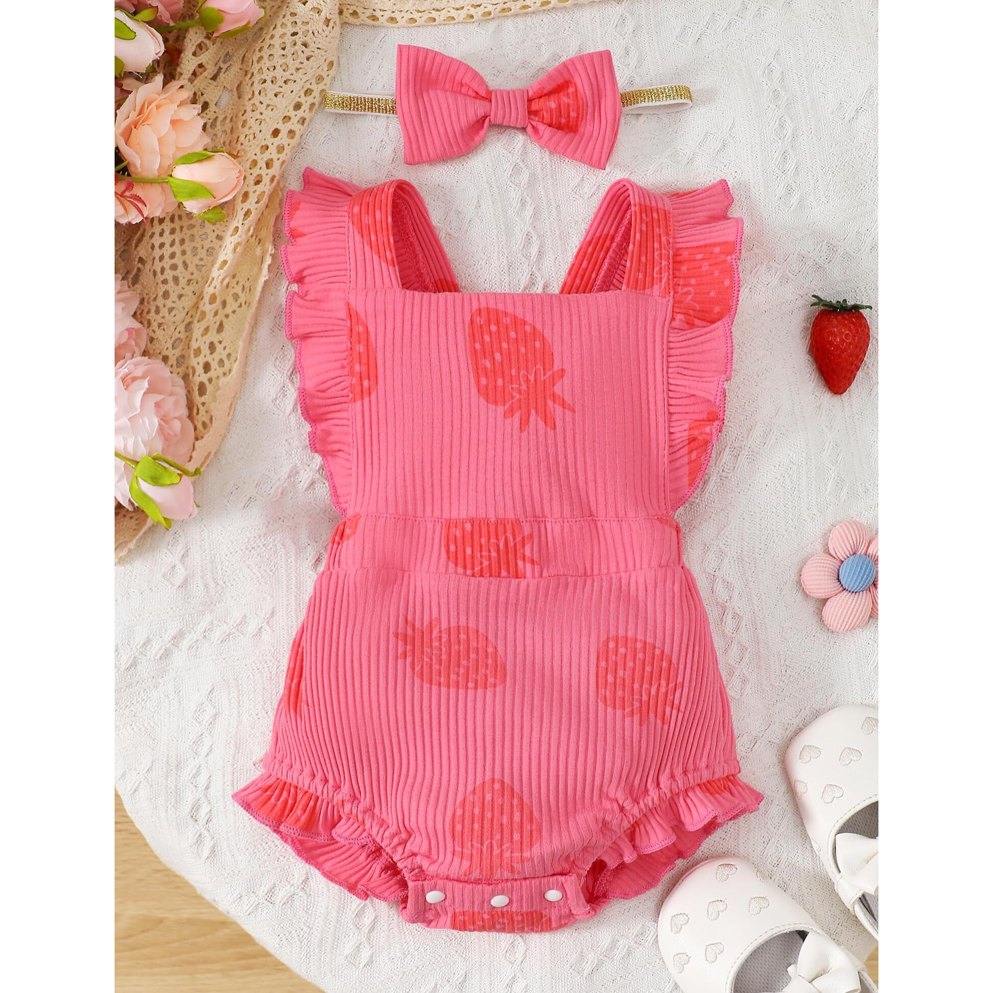 Fullfamous Infant Baby Girl Clothes Outfits Romper Spring Summer Clothing Onesie Bodysuit Jumpsuit Ropa De Bebe Nia Pink Strawberry 0-3 Months