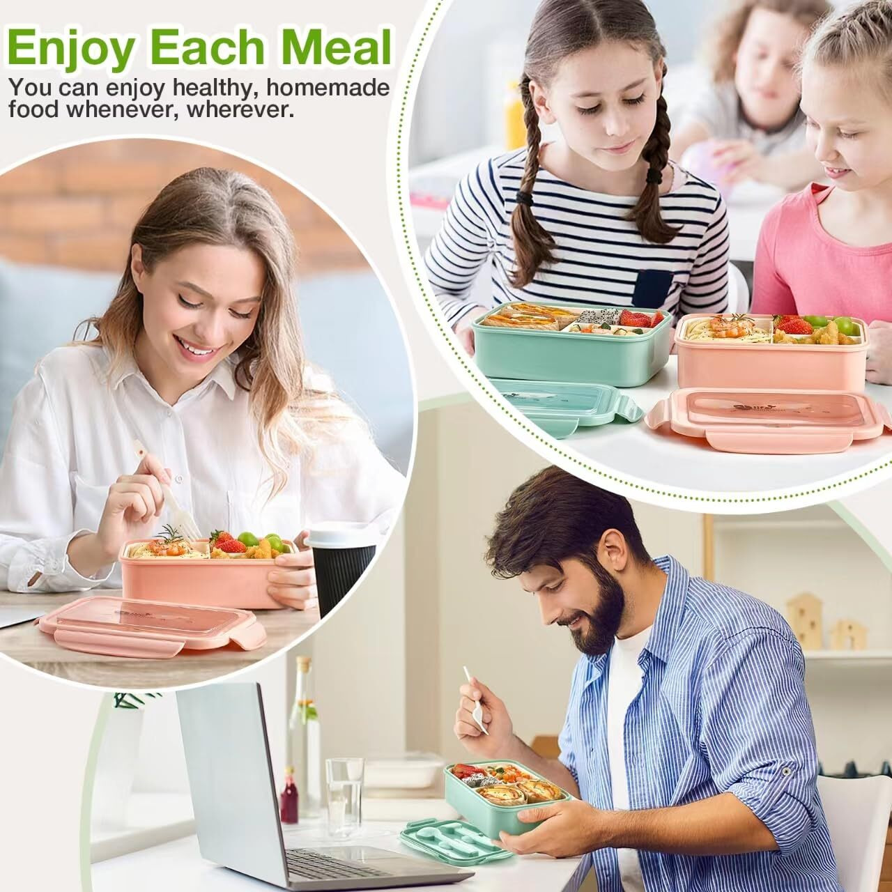Mfacoy 3 Pack Bento Boxes For Adults/Kids  1100 Ml Bento Lunch Box With Spoon & Fork  Lunch Box Containers  Bento Box For Dining Out  Work  Picnic  Bpa-Free  Microwave & Dishwasher Safe