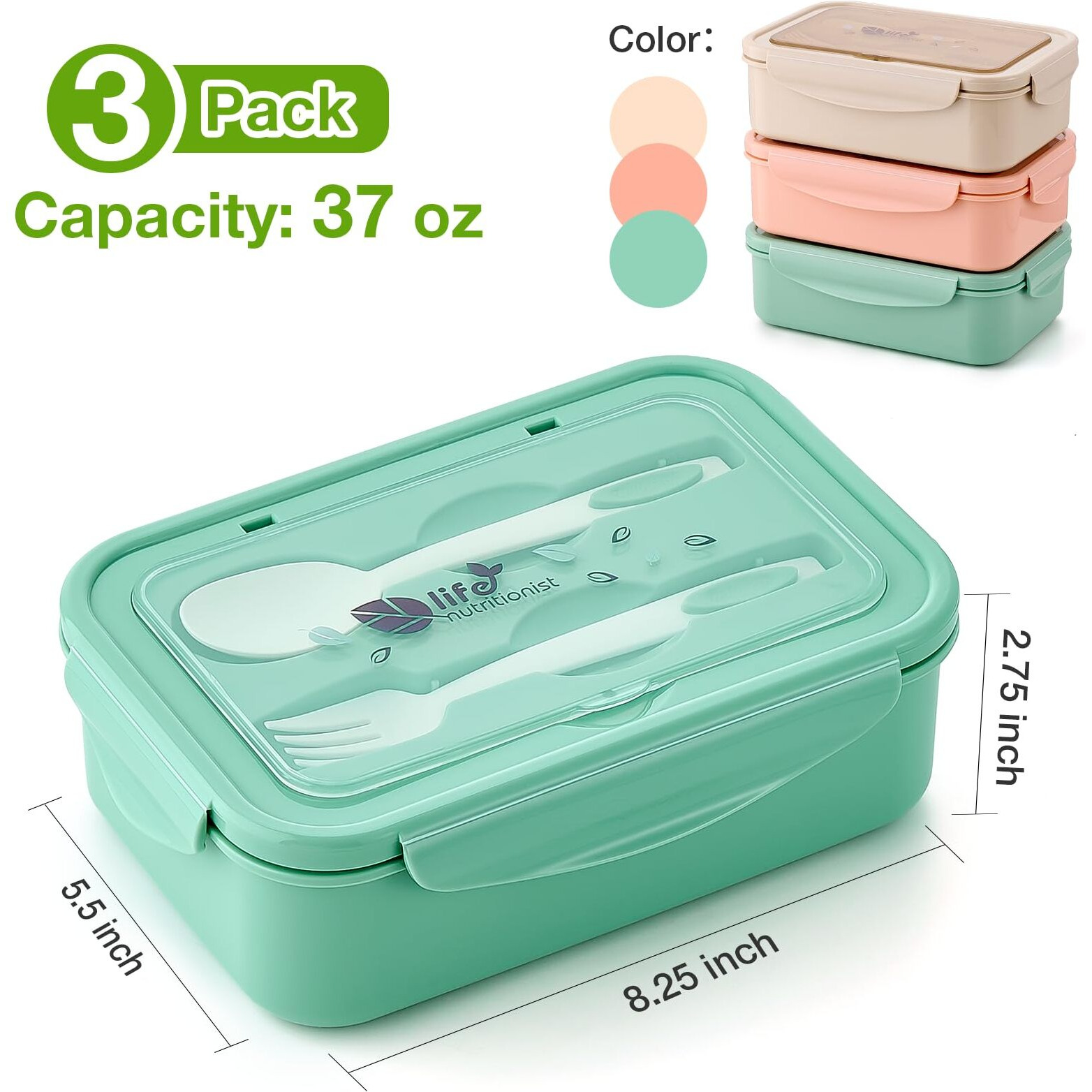 Mfacoy 3 Pack Bento Boxes For Adults/Kids  1100 Ml Bento Lunch Box With Spoon & Fork  Lunch Box Containers  Bento Box For Dining Out  Work  Picnic  Bpa-Free  Microwave & Dishwasher Safe