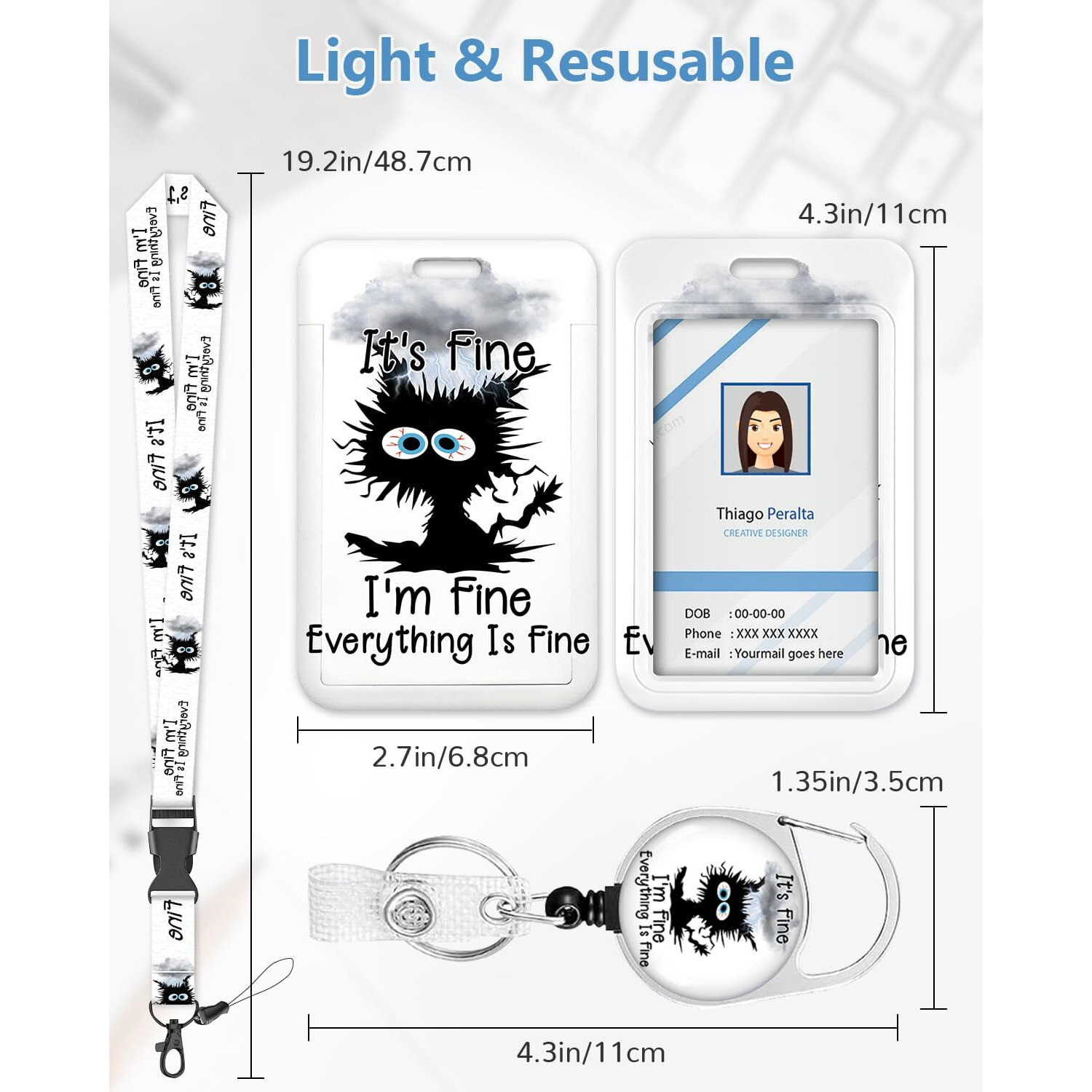 Id Badge Holder With Lanyard  It 's Fine I 'M Fine Badge Holders Reels With Detachable Lanyards  Work Card Retractable Keychain Vertical Id Card For Nurse Students Teachers Office Staff