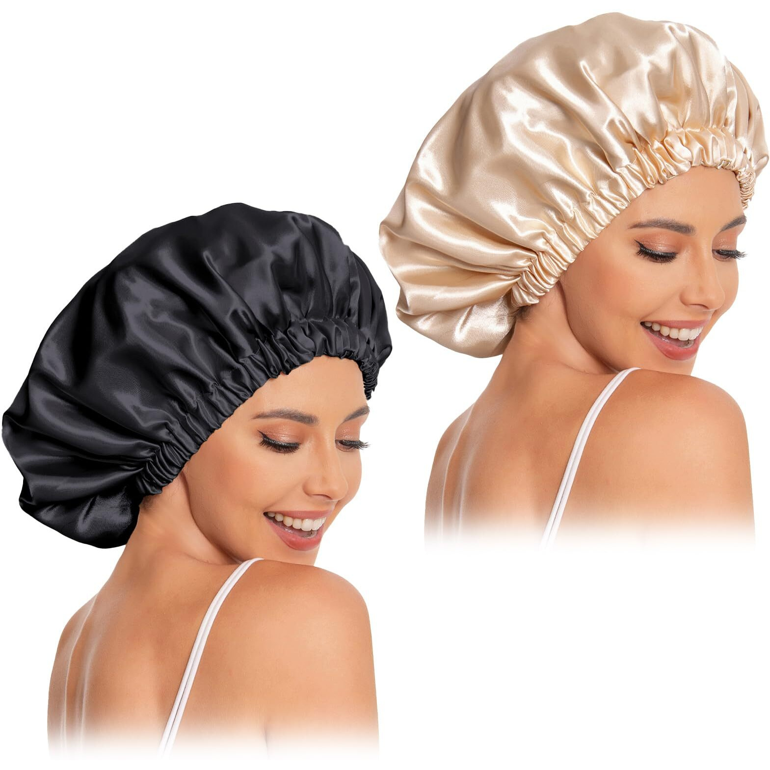 Satin Bonnet Silk Bonnet Hair Bonnet For Sleeping-Slouchy Beanie Hat Satin Sleep Cap For Women's Natural & Curly Hair(Black&Champagne)