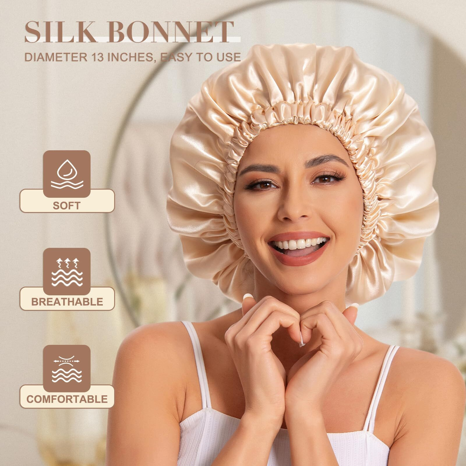 Satin Bonnet Silk Bonnet Hair Bonnet For Sleeping-Slouchy Beanie Hat Satin Sleep Cap For Women's Natural & Curly Hair(Black&Champagne)