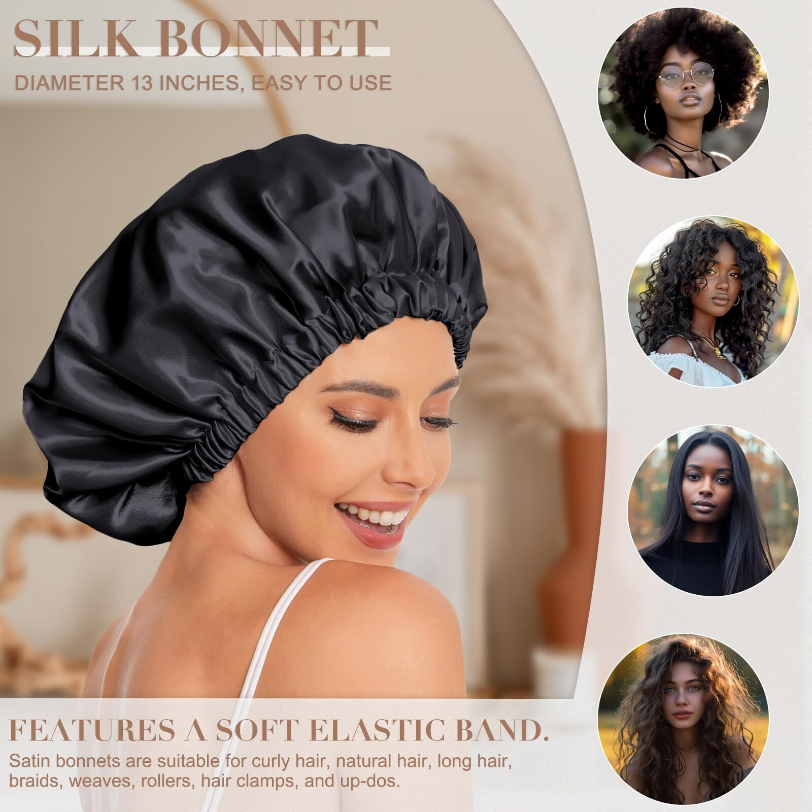 Satin Bonnet Silk Bonnet Hair Bonnet For Sleeping-Slouchy Beanie Hat Satin Sleep Cap For Women's Natural & Curly Hair(Black&Champagne)
