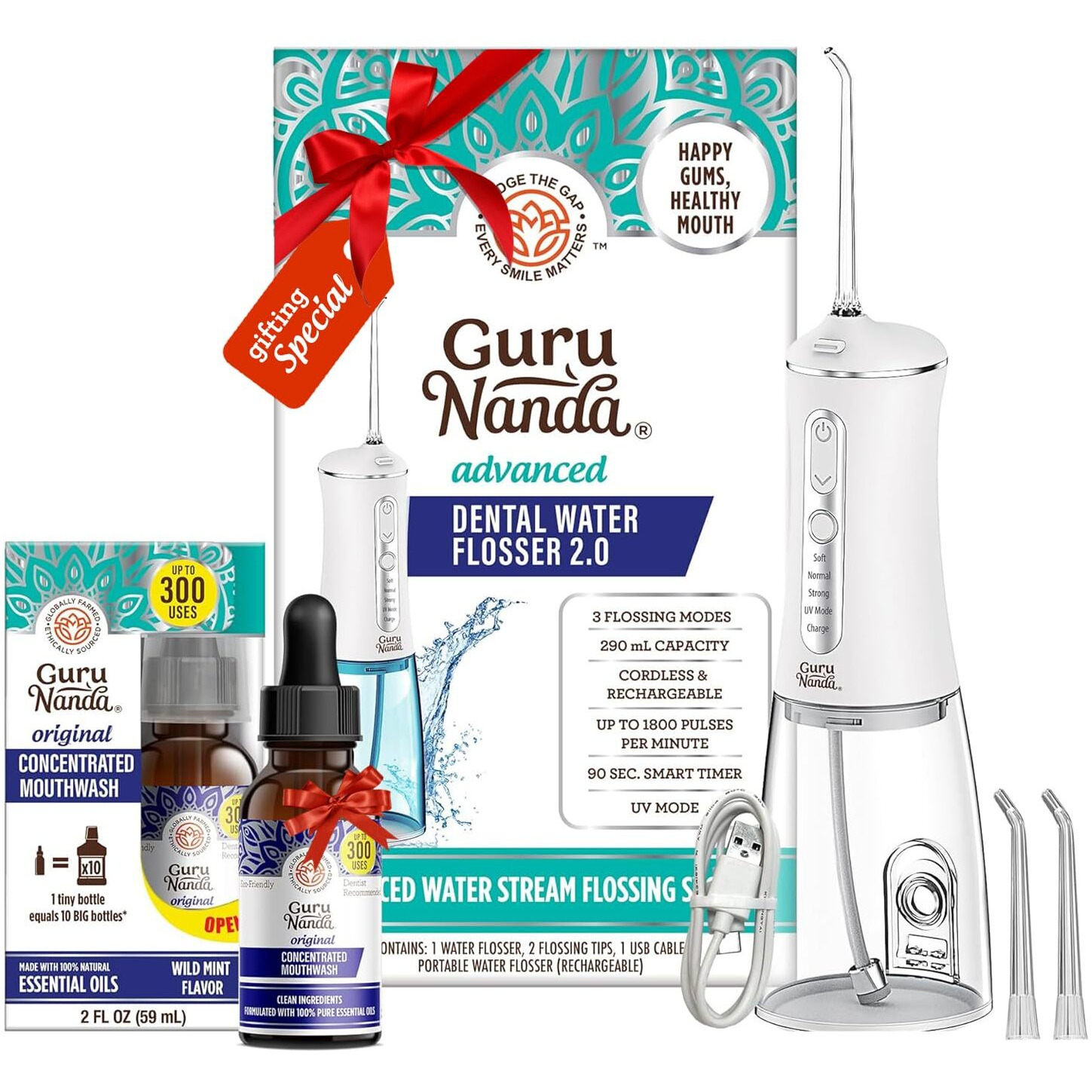Gurunanda Advanced Water Flosser 2.0 With Uv Mode & Concentrated Mouthwash Duo - Fresh Breath & Thorough Plaque Removal For A Brighter Smile