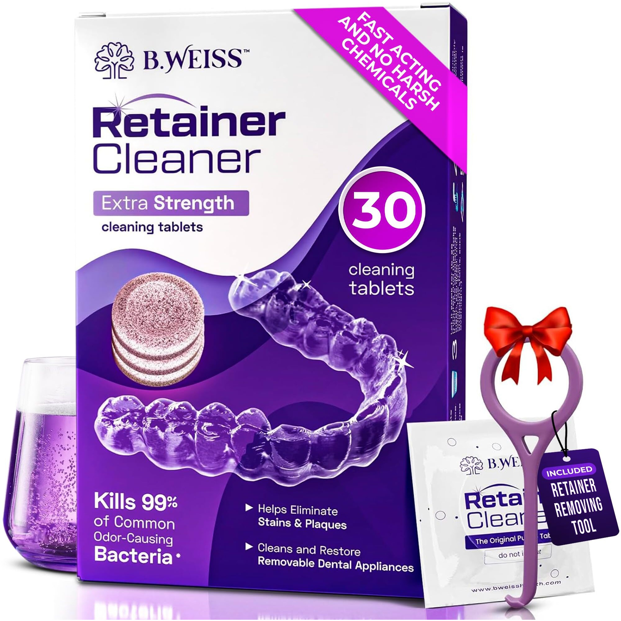 Weiss Naturals Retainer Cleaner Tablets  Invisalign Cleaner  Remove Stains  Odors & Plaque  Fsa & Hsa Eligible  Persulfate Free Night Guard & Denture Cleaner 1-Month Supply  30 Grape Scented Tablets