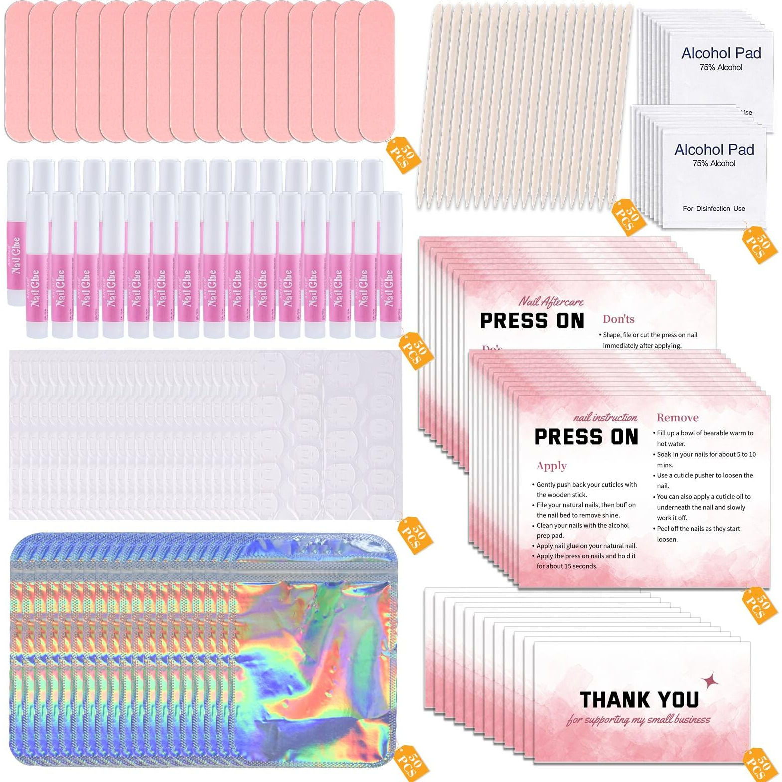 Press On Nail Tool Kit For Business - Prep Application Disposable Kit With File  Glue  Prep Pads  Instruction Card  Adhesive Tabs  Wood Stick  Holographic Bag (50Pcs In Pink)