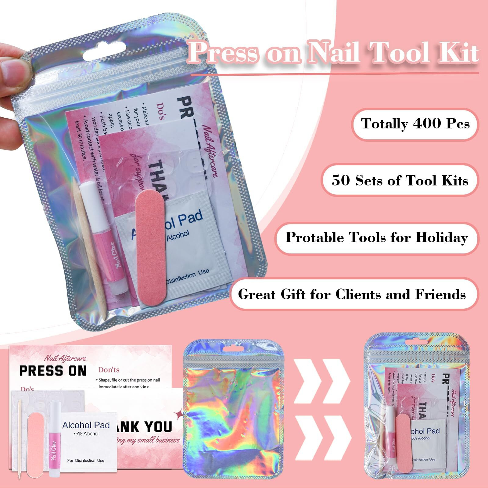 Press On Nail Tool Kit For Business - Prep Application Disposable Kit With File  Glue  Prep Pads  Instruction Card  Adhesive Tabs  Wood Stick  Holographic Bag (50Pcs In Pink)
