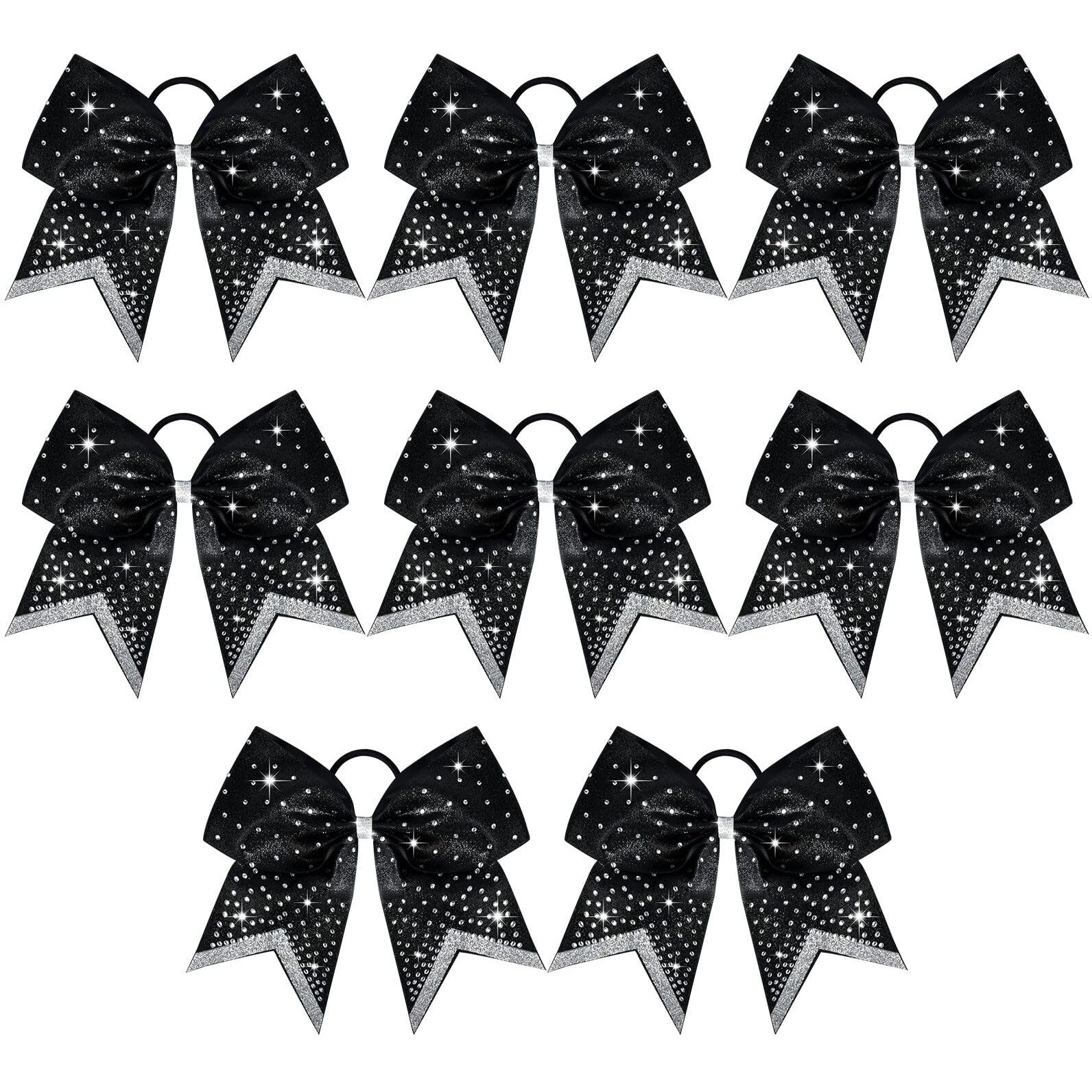 8 Pcs Large Glitter Cheer Bows 8"" Rhinestones Hair Bows Sparkly Cheerleading Softball Team Bow Hair Ponytail Holder Accessories For Cheerleaders Football Competition Sports- Black