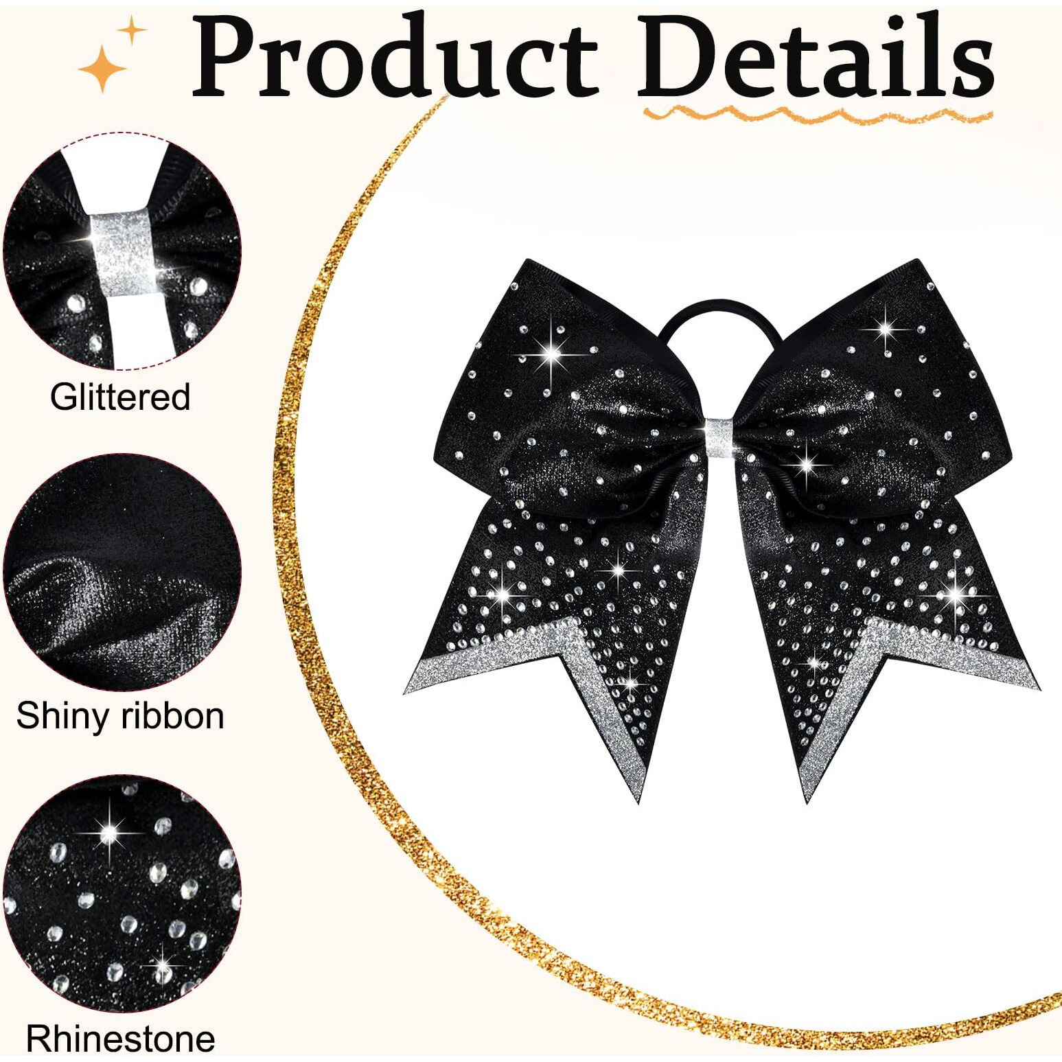 8 Pcs Large Glitter Cheer Bows 8"" Rhinestones Hair Bows Sparkly Cheerleading Softball Team Bow Hair Ponytail Holder Accessories For Cheerleaders Football Competition Sports- Black