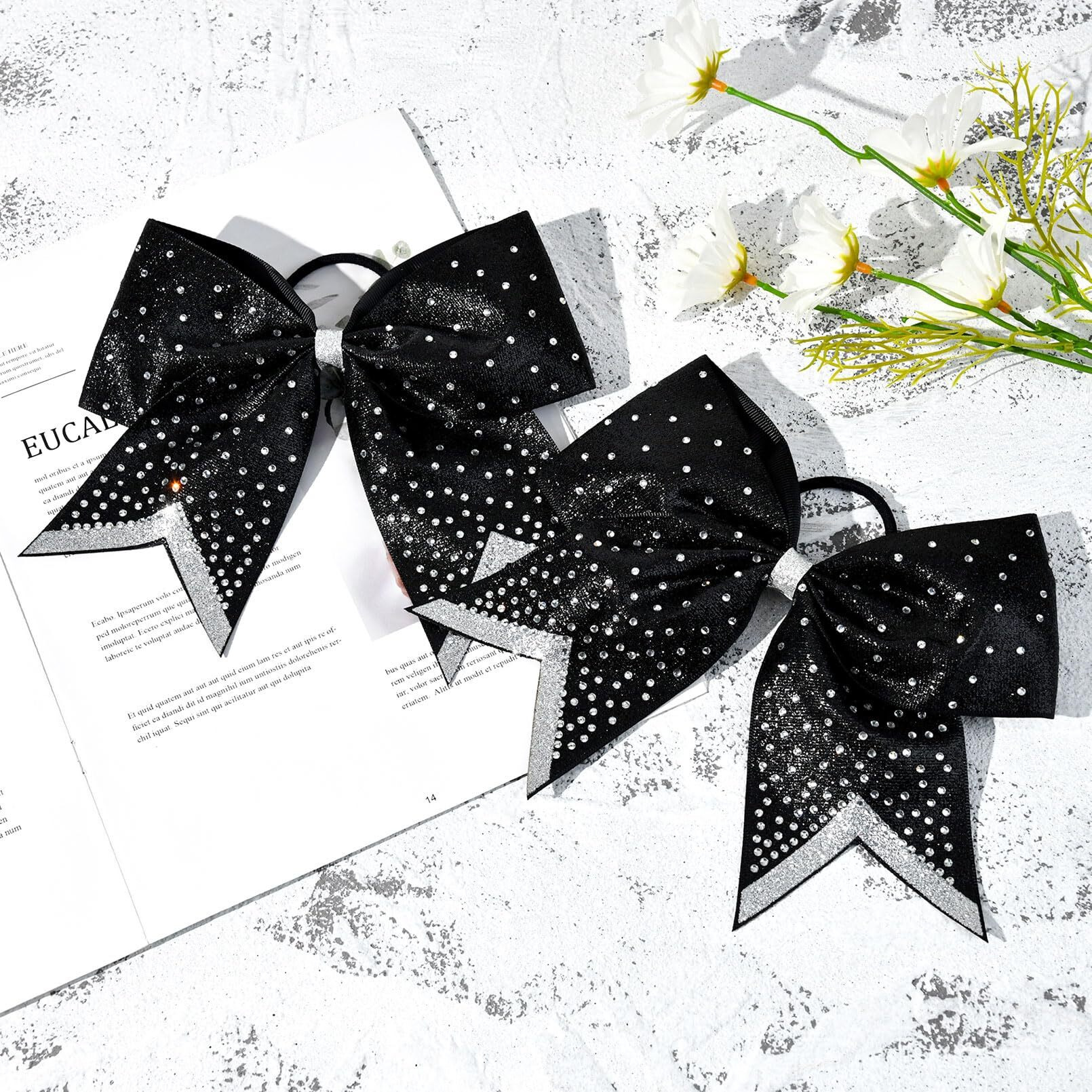 8 Pcs Large Glitter Cheer Bows 8"" Rhinestones Hair Bows Sparkly Cheerleading Softball Team Bow Hair Ponytail Holder Accessories For Cheerleaders Football Competition Sports- Black