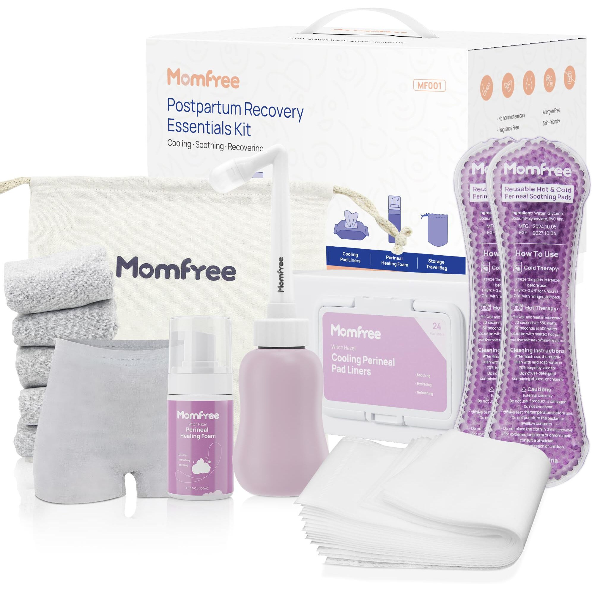 Postpartum Essentials Recovery Kit Labor Delivery Post Partum 13 Pcs Recovery Mom Care Set - Upside Down Peri Bottle | Xl Disposable Underwear | Soothing Pads | Perineal Healing Foam | Canvas Bag