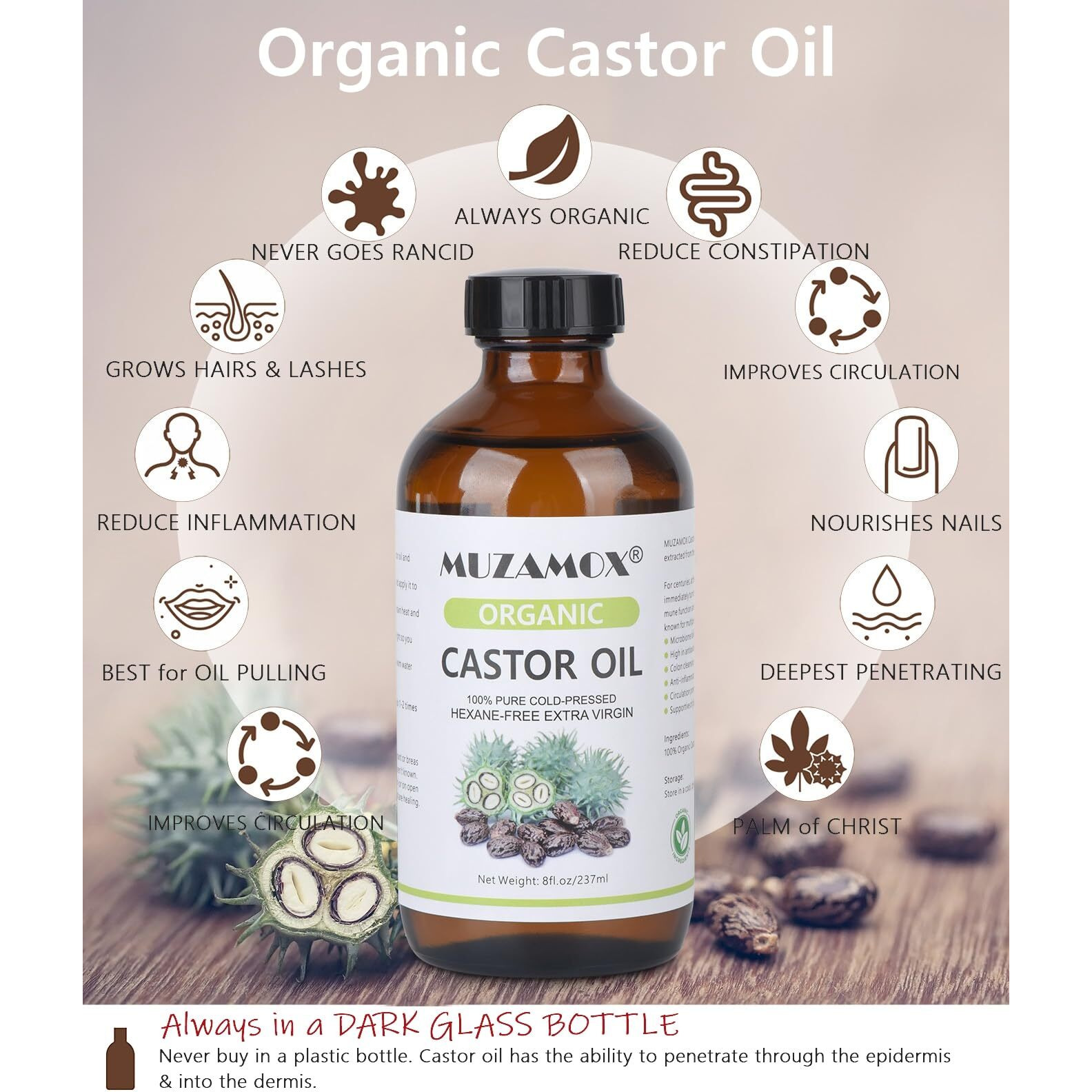 Muzamox Castor Oil Organic Cold Pressed Unrefined Glass Bottle (8Fl.Oz/237Ml)  Castor Oil Pack Wrap Organic Cotton And Castor Oil Packs For Liver Detox