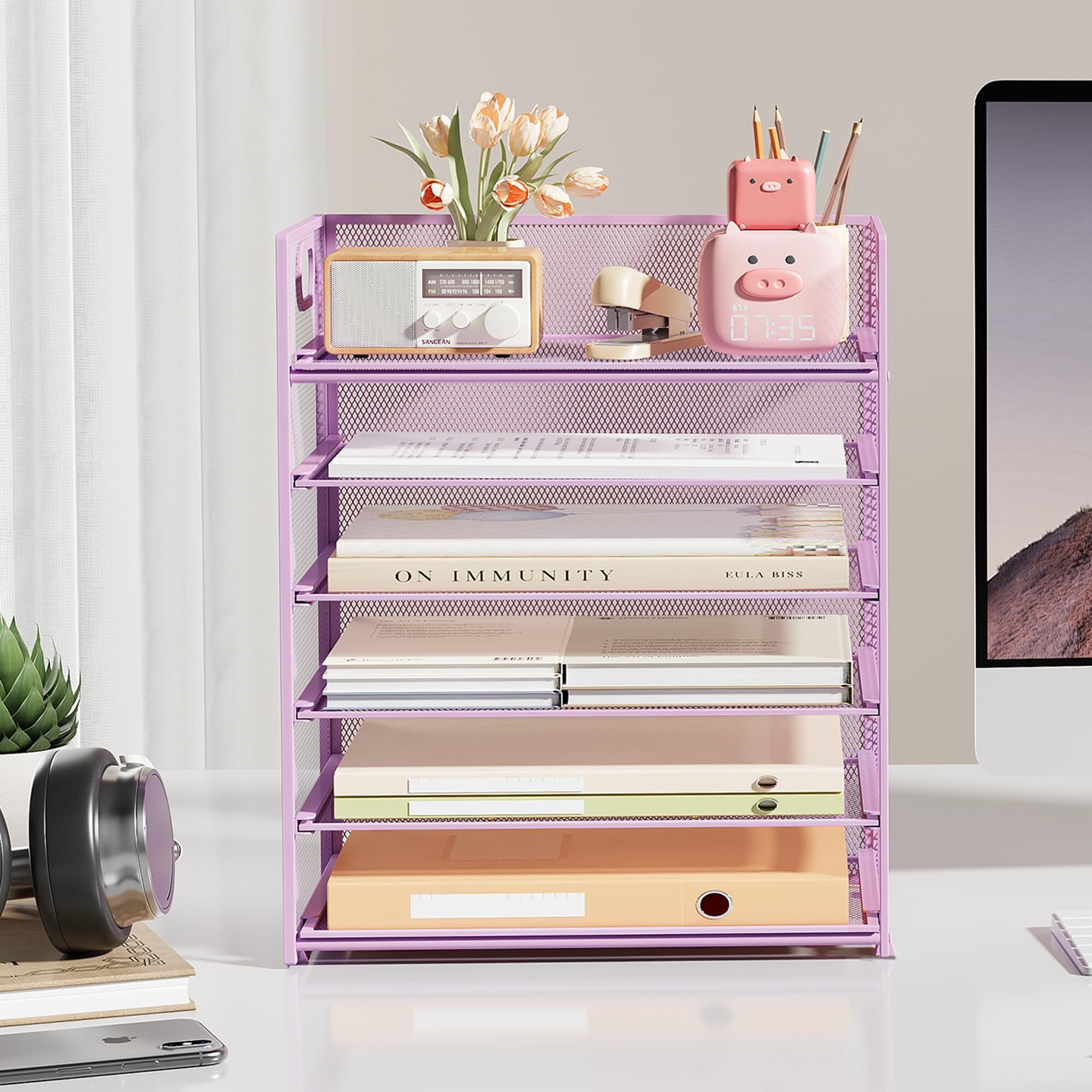 Subekyu 6 Tier Paper File Tray Organizer For Desk  Purple Mesh Desk Letter Paper File Folder Accessories Sorter Organizer With Handle  Stackable Slide Tray For Office  Home Or School Supplies Storage