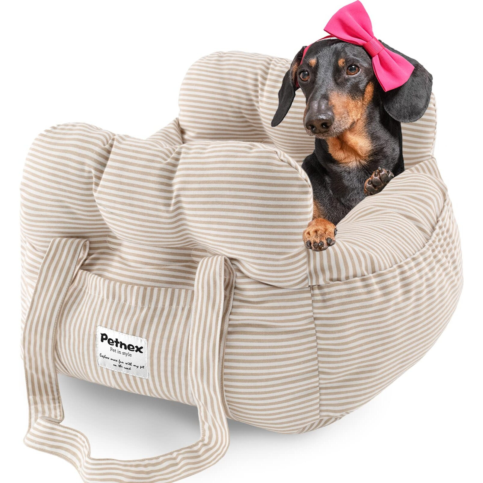 Petnex Dog Car Seat For Small Dogs  Portable Puppy Car Seat Of Easy Installation  Fashionable Pet Carrier Bag With Large Pockets  Machine Washable Dog Booster Seat (Striped Khaki)