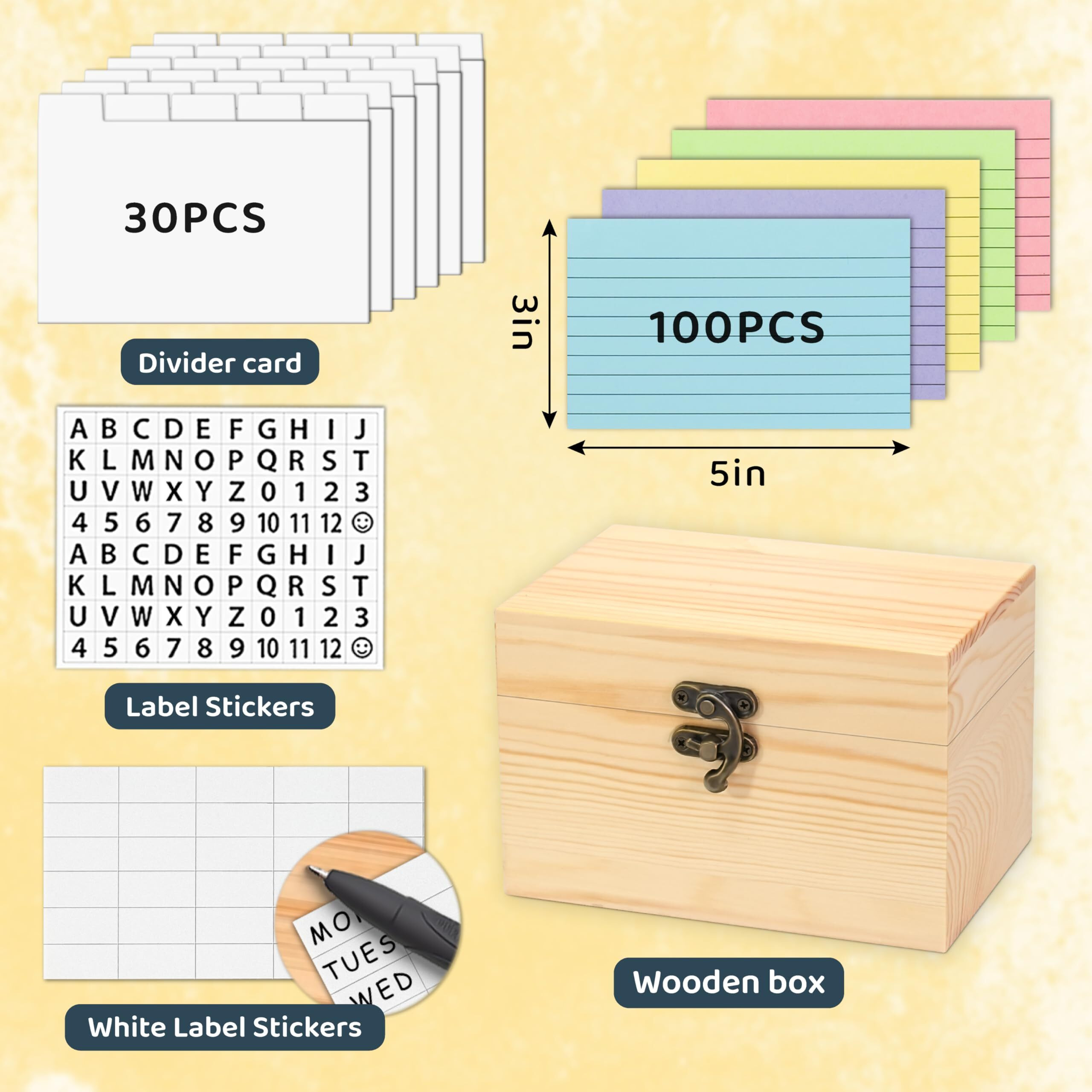Mobyke Index Card Holder 3X5  100 Pcs Heavy-Duty Index Card Business Card Organizer Wooden Recipe Box With Dividers Flash Card Holder With 30 White Dividers  1 Blank Sticker And 1 Letter Sticker