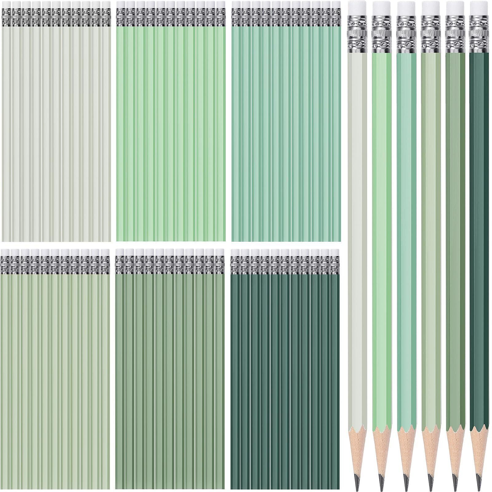 Tecunite 60 Pcs Hb Pencils 2 Unsharpened Wood Cased Pencils With Eraser Hexagonal Pencil Cute Graphite No 2 Pen For Adults Gifts Exam School Office Sketching Learning(Green Series  White)