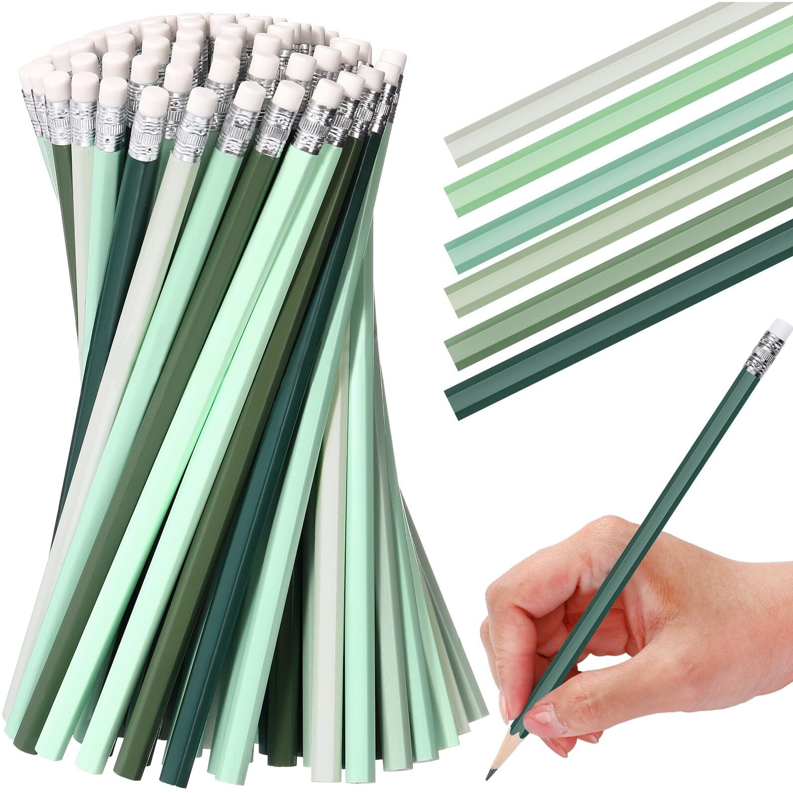 Tecunite 60 Pcs Hb Pencils 2 Unsharpened Wood Cased Pencils With Eraser Hexagonal Pencil Cute Graphite No 2 Pen For Adults Gifts Exam School Office Sketching Learning(Green Series  White)