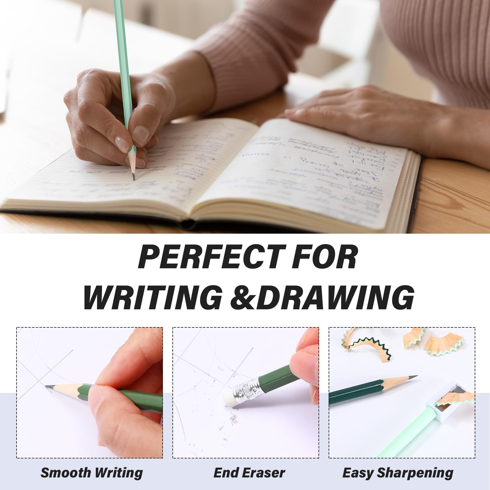 Tecunite 60 Pcs Hb Pencils 2 Unsharpened Wood Cased Pencils With Eraser Hexagonal Pencil Cute Graphite No 2 Pen For Adults Gifts Exam School Office Sketching Learning(Green Series  White)