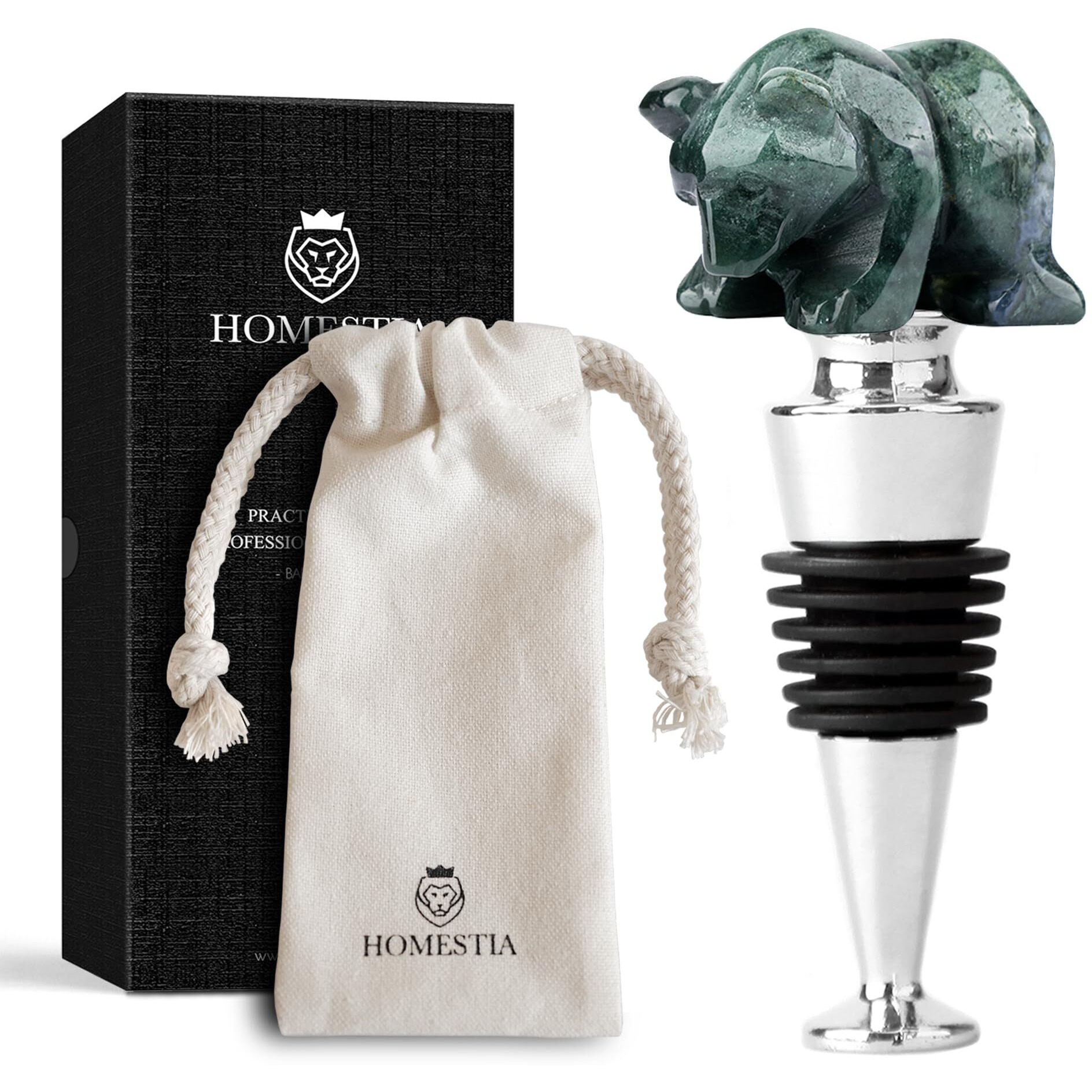 Homestia Wine Bottle Stopper With Silicone Reusable Wine Corks  Green Bear Natural Gemstone Beverage Wine Bottle Stopper  Leak Proof Keep Fresh Suitable