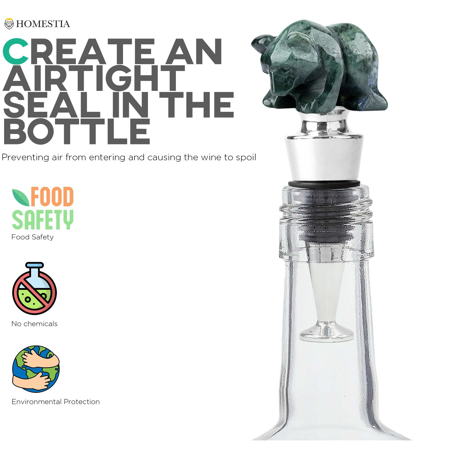 Homestia Wine Bottle Stopper With Silicone Reusable Wine Corks  Green Bear Natural Gemstone Beverage Wine Bottle Stopper  Leak Proof Keep Fresh Suitable