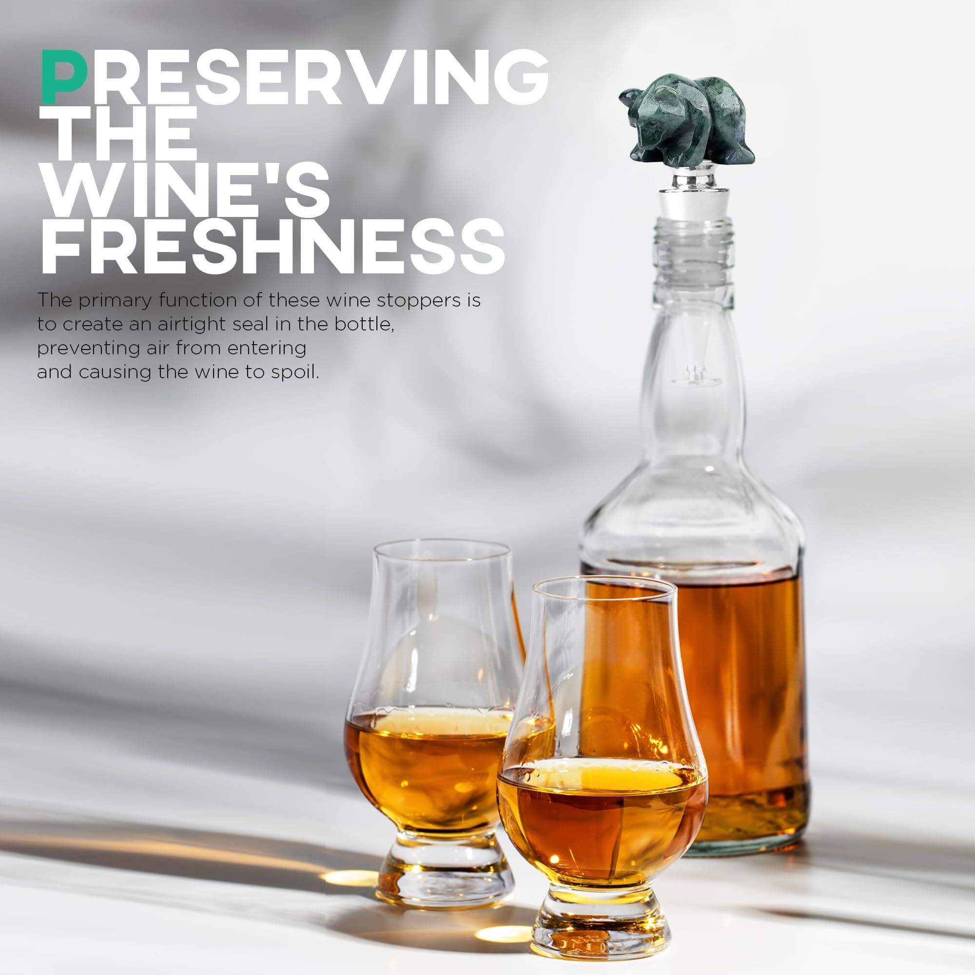 Homestia Wine Bottle Stopper With Silicone Reusable Wine Corks  Green Bear Natural Gemstone Beverage Wine Bottle Stopper  Leak Proof Keep Fresh Suitable