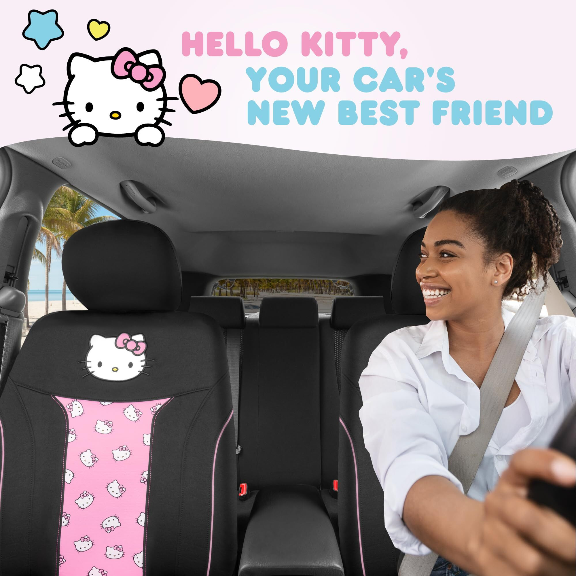 Hello Kitty Car Seat Covers - Cute And Durable Pink Front Seat Covers  Adorable Hello Kitty Design  Comfortable And Long-Lasting Polyester  Car Accessories Gift Hello Kitty Accessories 2Pc Black/Pink