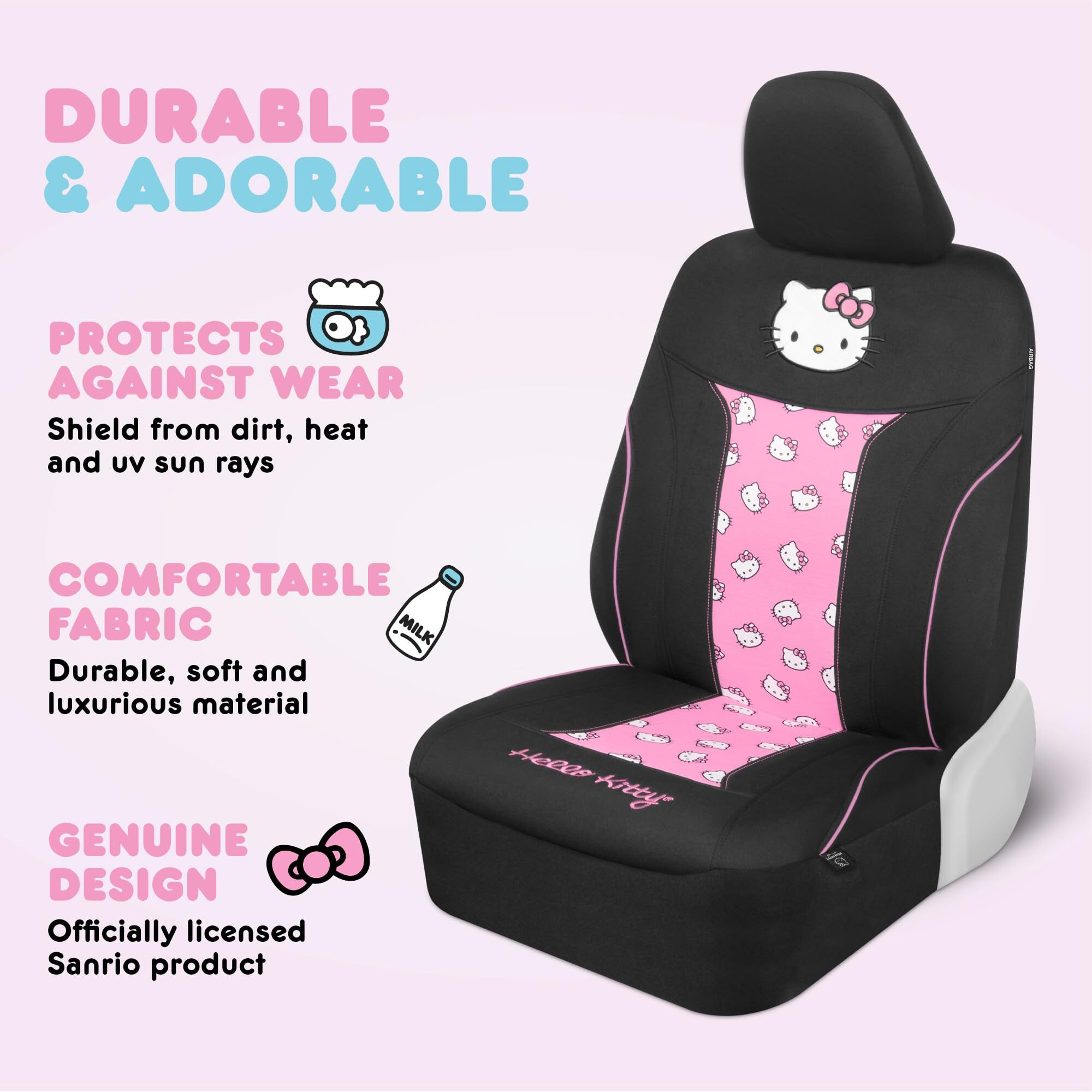 Hello Kitty Car Seat Covers - Cute And Durable Pink Front Seat Covers  Adorable Hello Kitty Design  Comfortable And Long-Lasting Polyester  Car Accessories Gift Hello Kitty Accessories 2Pc Black/Pink