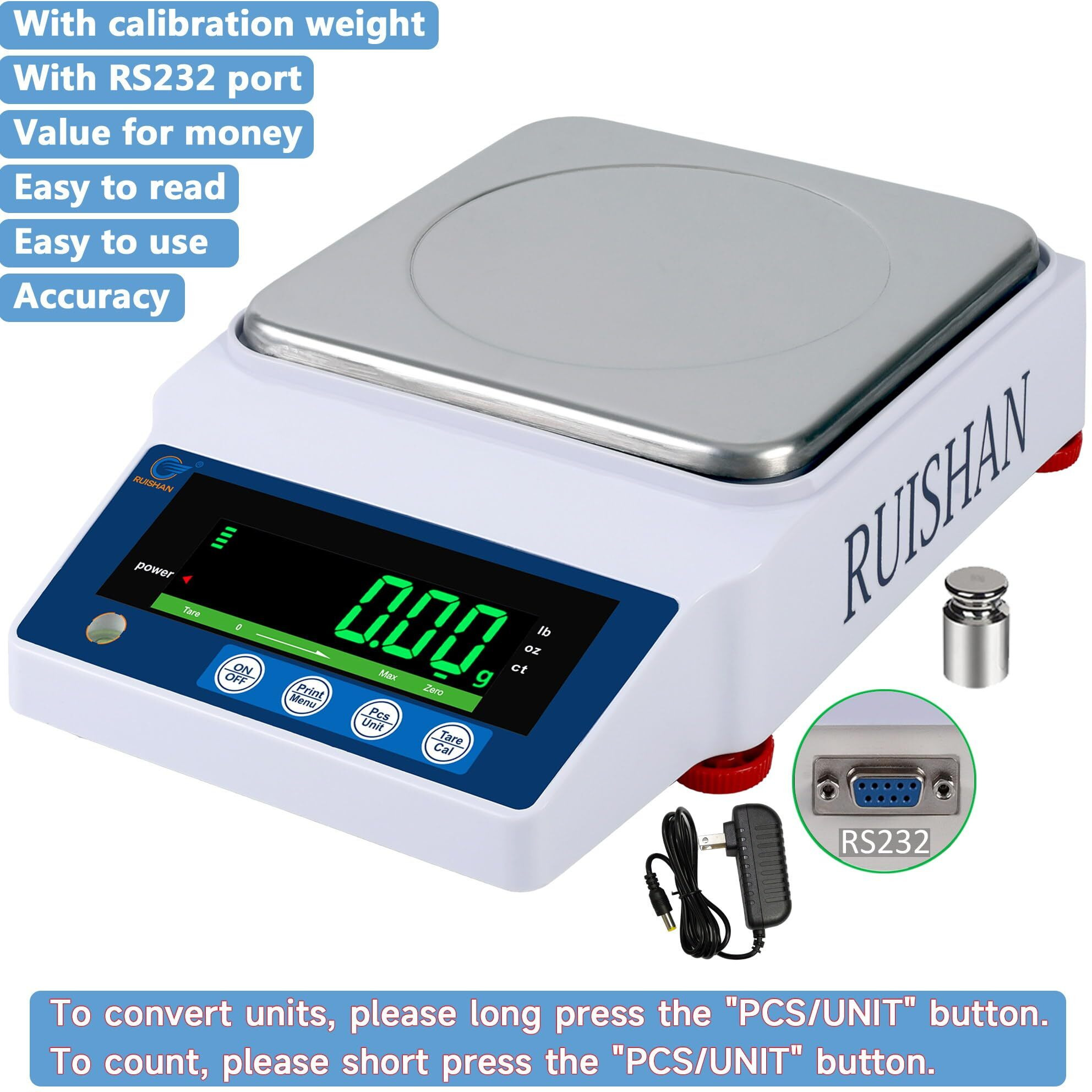 Ruishan Lab Scale 5000Gx0.01G High Precision Scientific Electronic Digital Laboratory Lab Weight Analytical Balance Scale .01G Accuracy Jewelry Pharmacy Chemistry Industria Calibrated Gram Scale