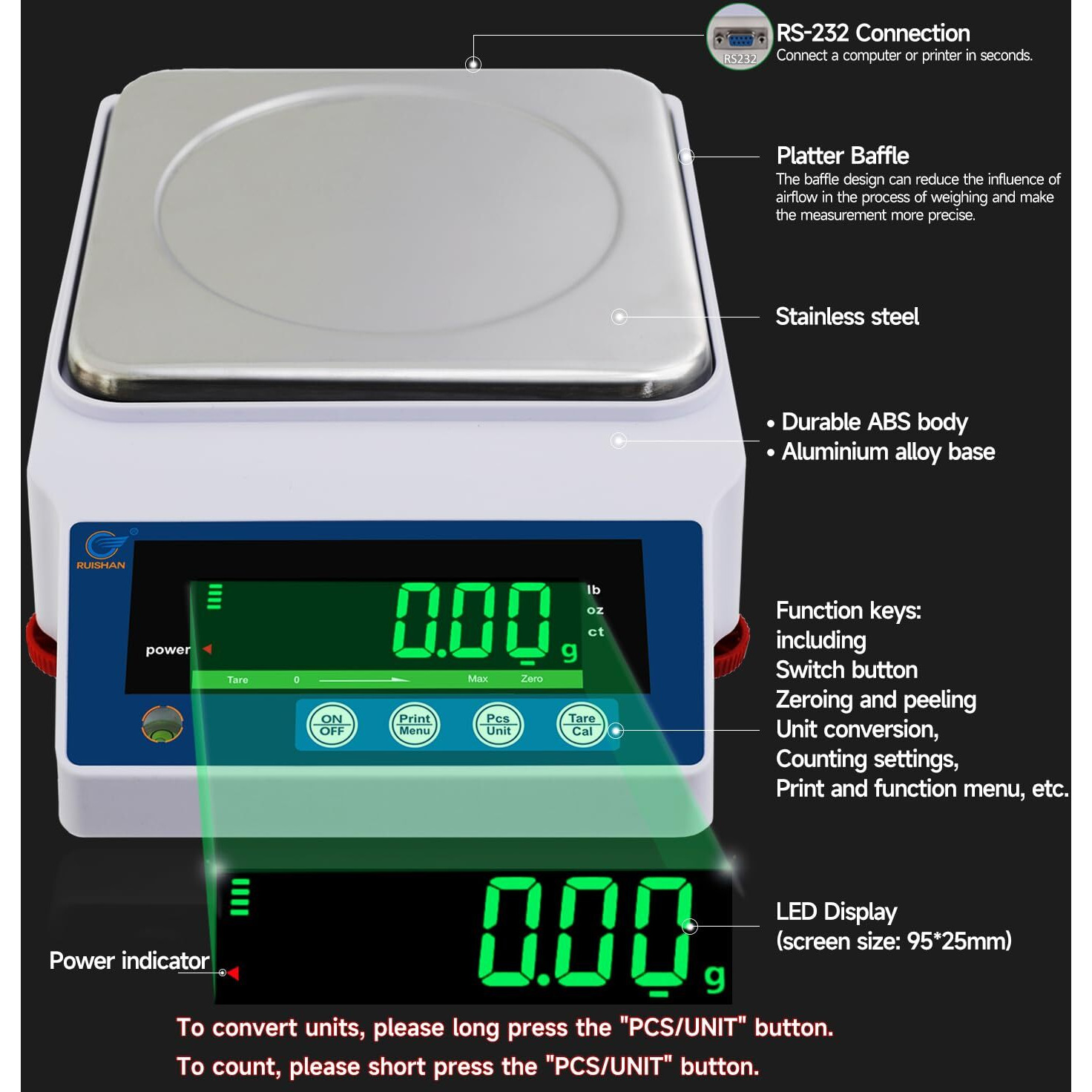 Ruishan Lab Scale 5000Gx0.01G High Precision Scientific Electronic Digital Laboratory Lab Weight Analytical Balance Scale .01G Accuracy Jewelry Pharmacy Chemistry Industria Calibrated Gram Scale